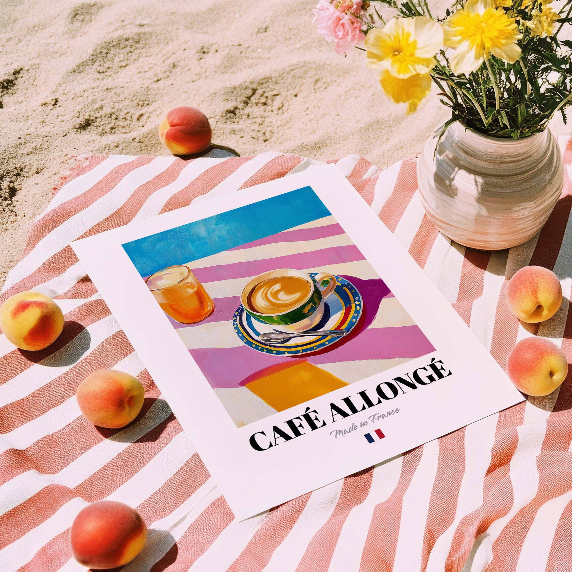 Café Allongé – French Coffee, Coffeehouse Poster, unframed on coastal sand