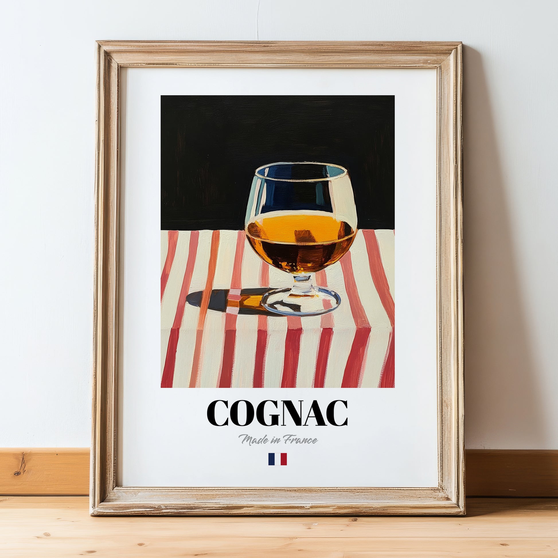 Cognac – French Spirit Drink, Beach Bar Poster, in wooden frame leaning on the floor