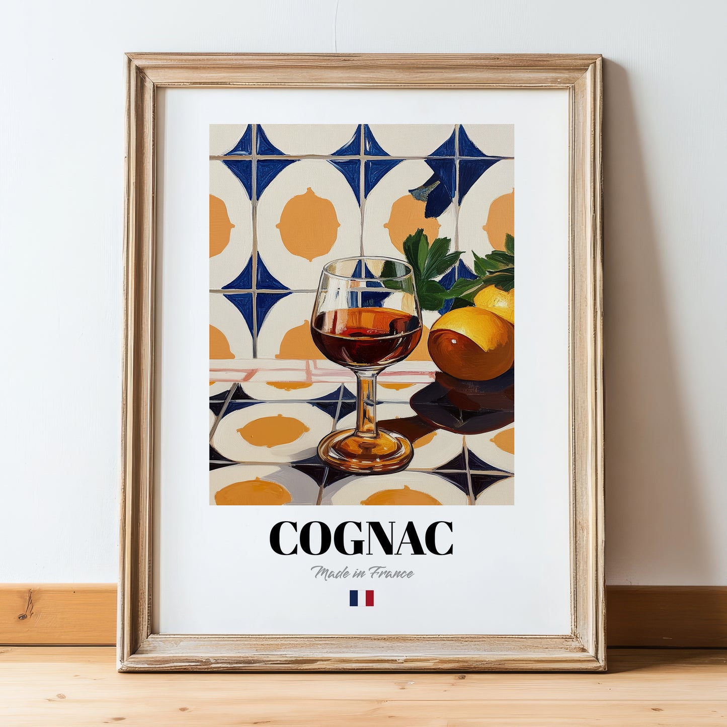 Cognac – French Spirit Drink, Hotel Lobby Art, in wooden frame leaning on the floor
