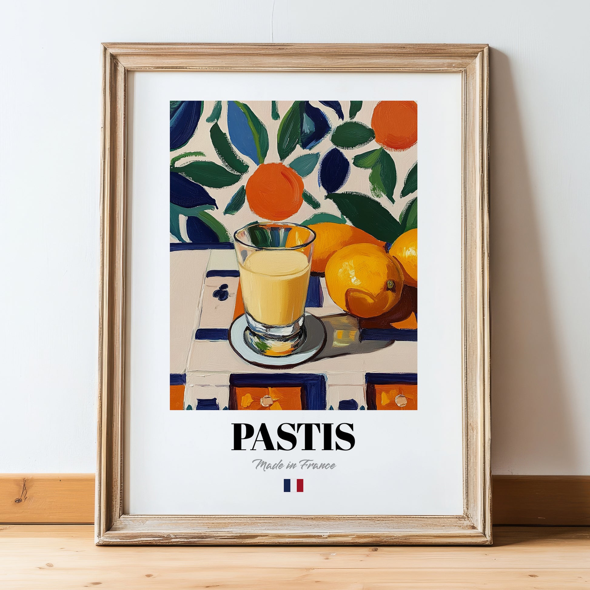 Pastis – French Spirit Drink, Rooftop Terrace Wall Art, in wooden frame leaning on the floor