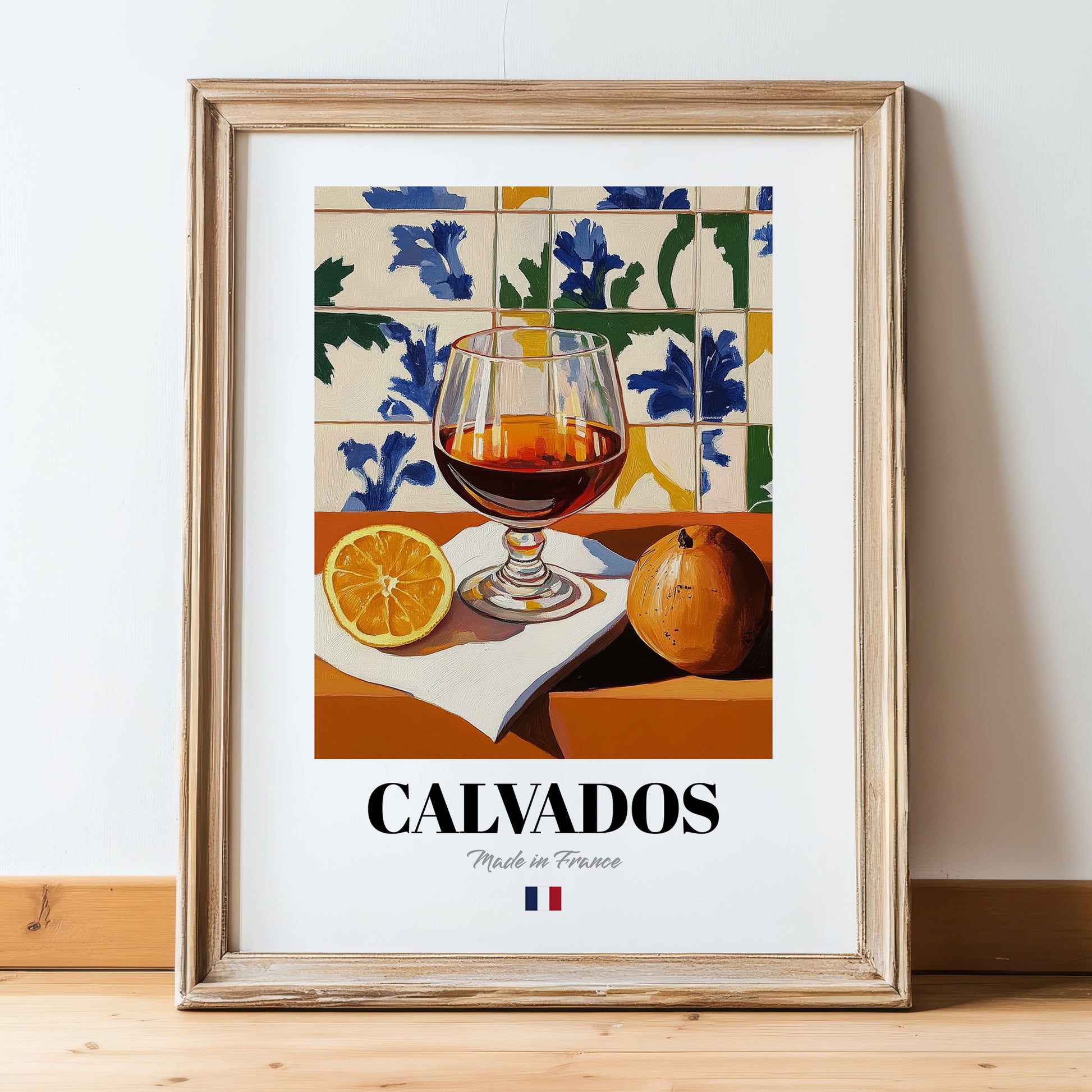 Calvados – French Spirit Drink, Hotel Lobby Still Life, in wooden frame leaning on the floor