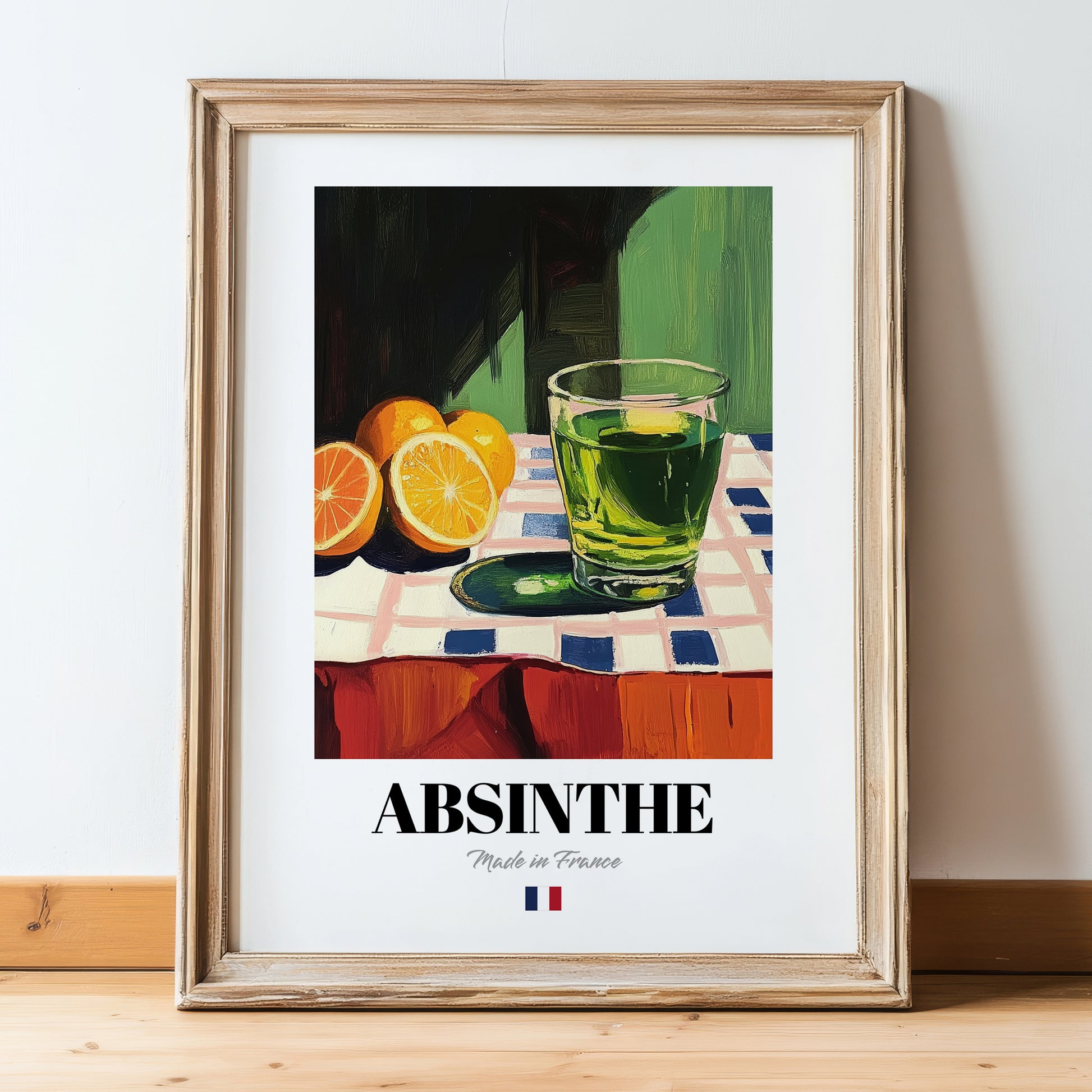 Absinthe – French Spirit Drink, Rooftop Terrace Wall Art, in wooden frame leaning on the floor
