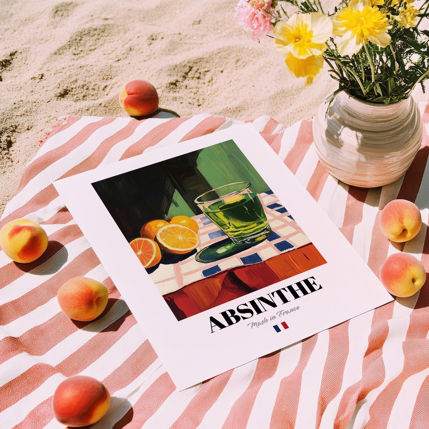 Absinthe – French Spirit Drink, Rooftop Terrace Wall Art, unframed on coastal sand