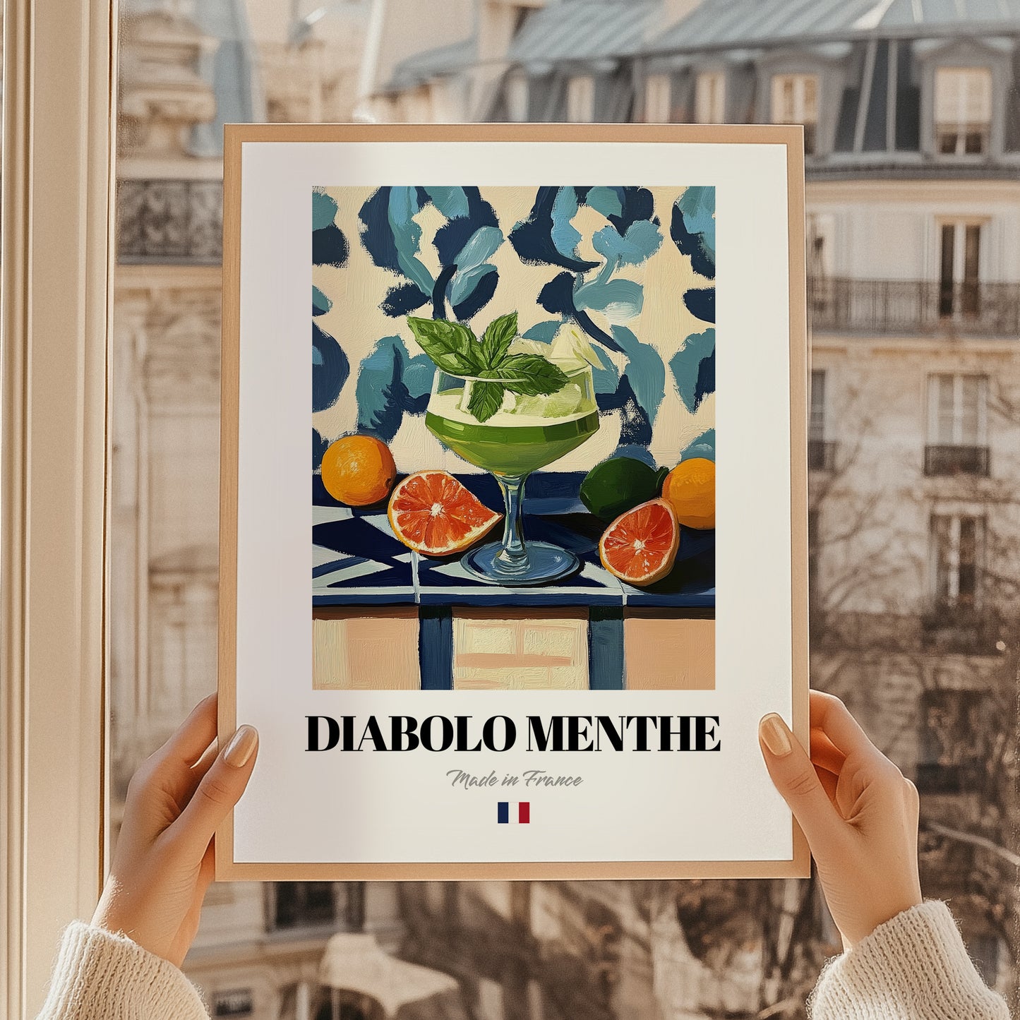 Diabolo Menthe – French Beverage Drink, Beach Bar Poster, styled in a charming Paris street view