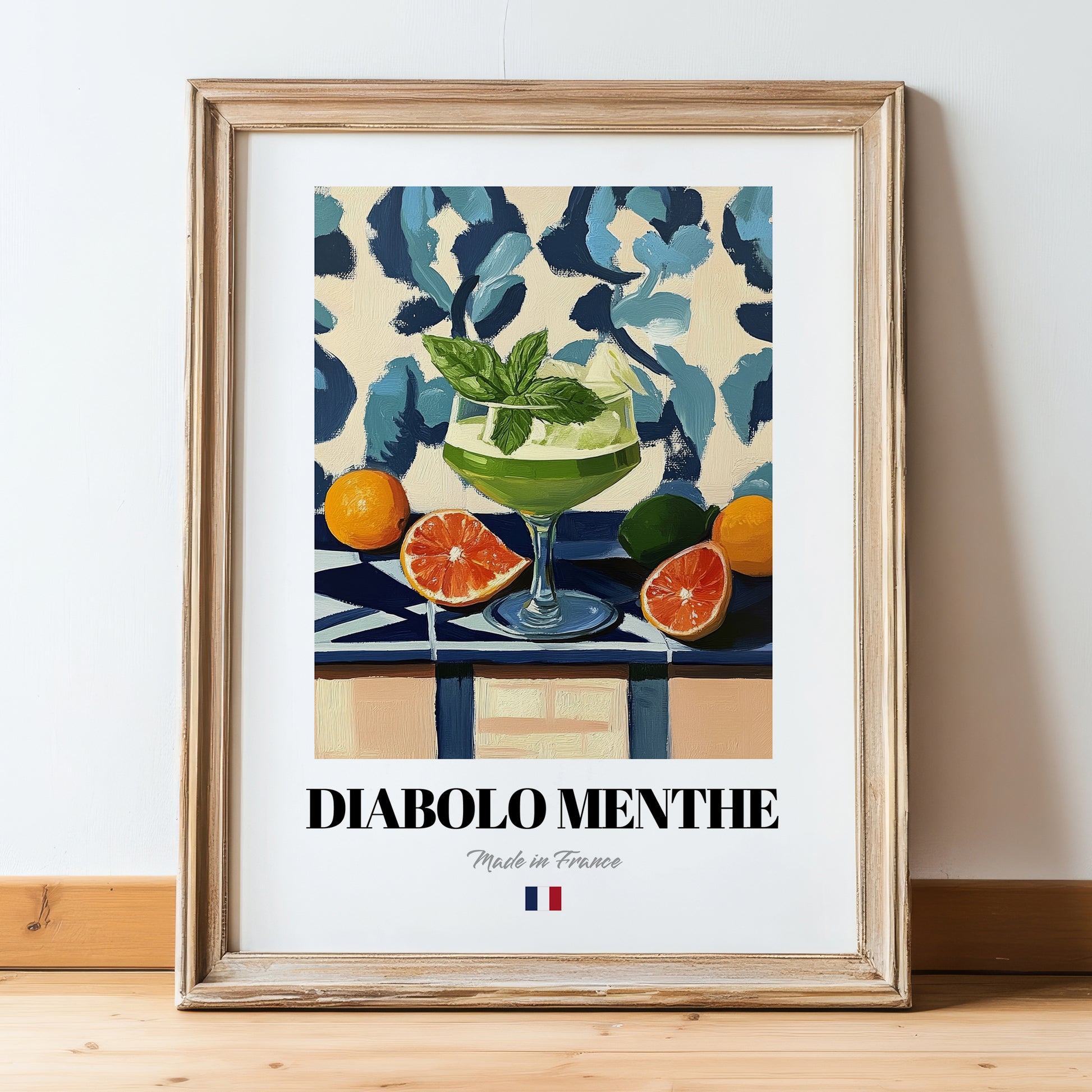 Diabolo Menthe – French Beverage Drink, Beach Bar Poster, in wooden frame leaning on the floor
