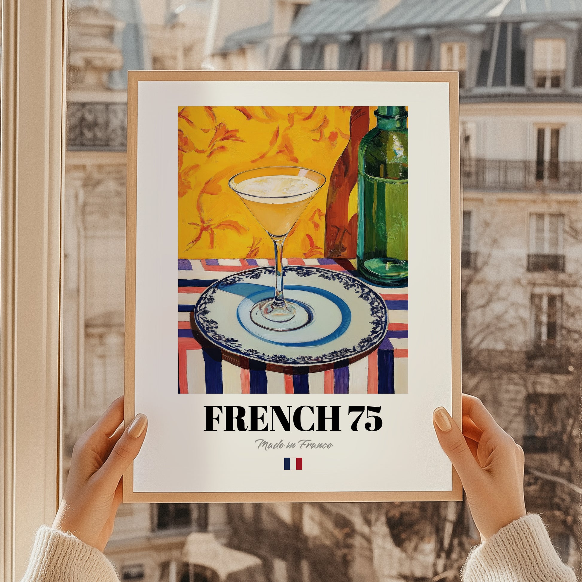 French 75 – French Cocktail Drink, Sky Bar Art, styled in a charming Paris street view