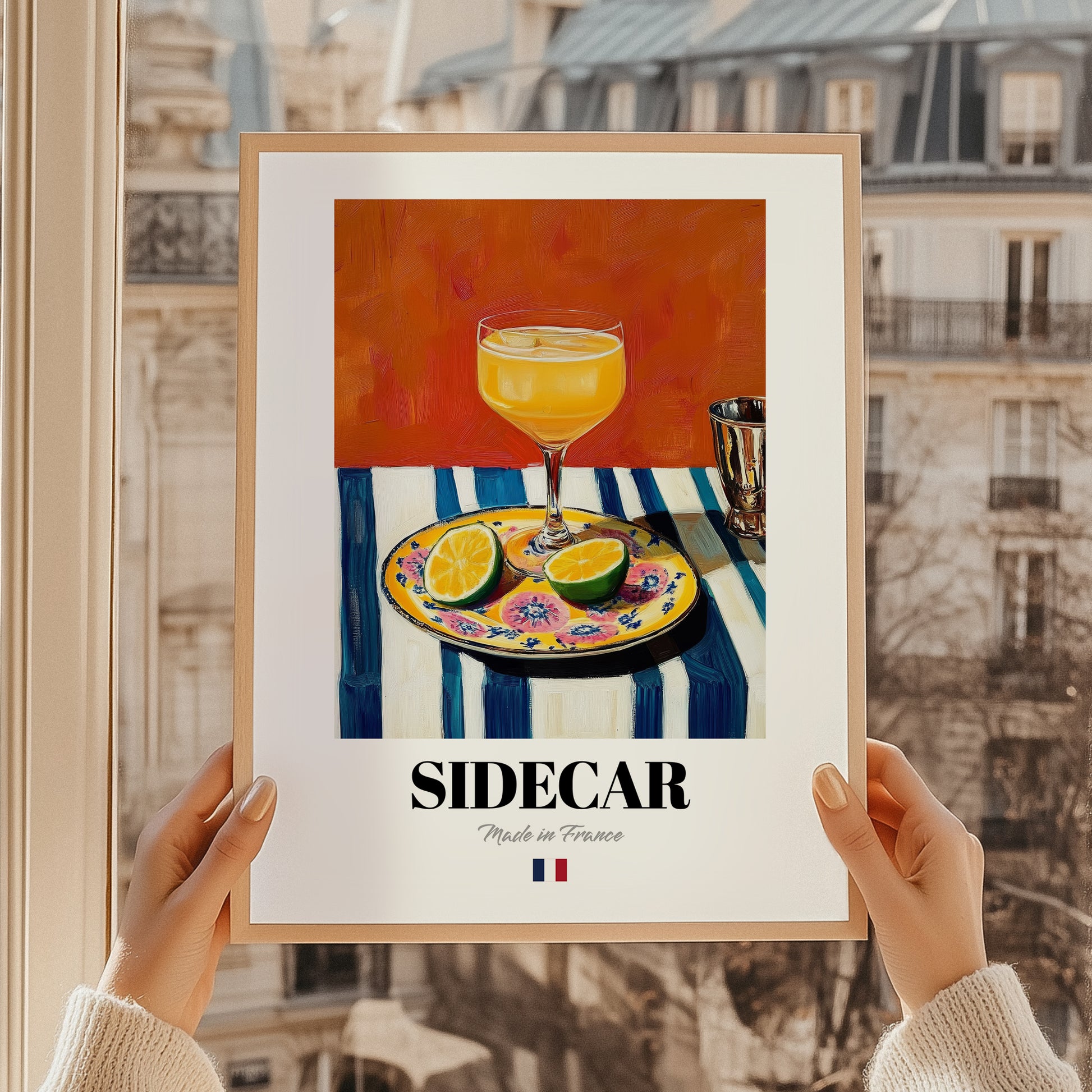 Sidecar – French Cocktail Drink, Sky Bar Poster, styled in a charming Paris street view