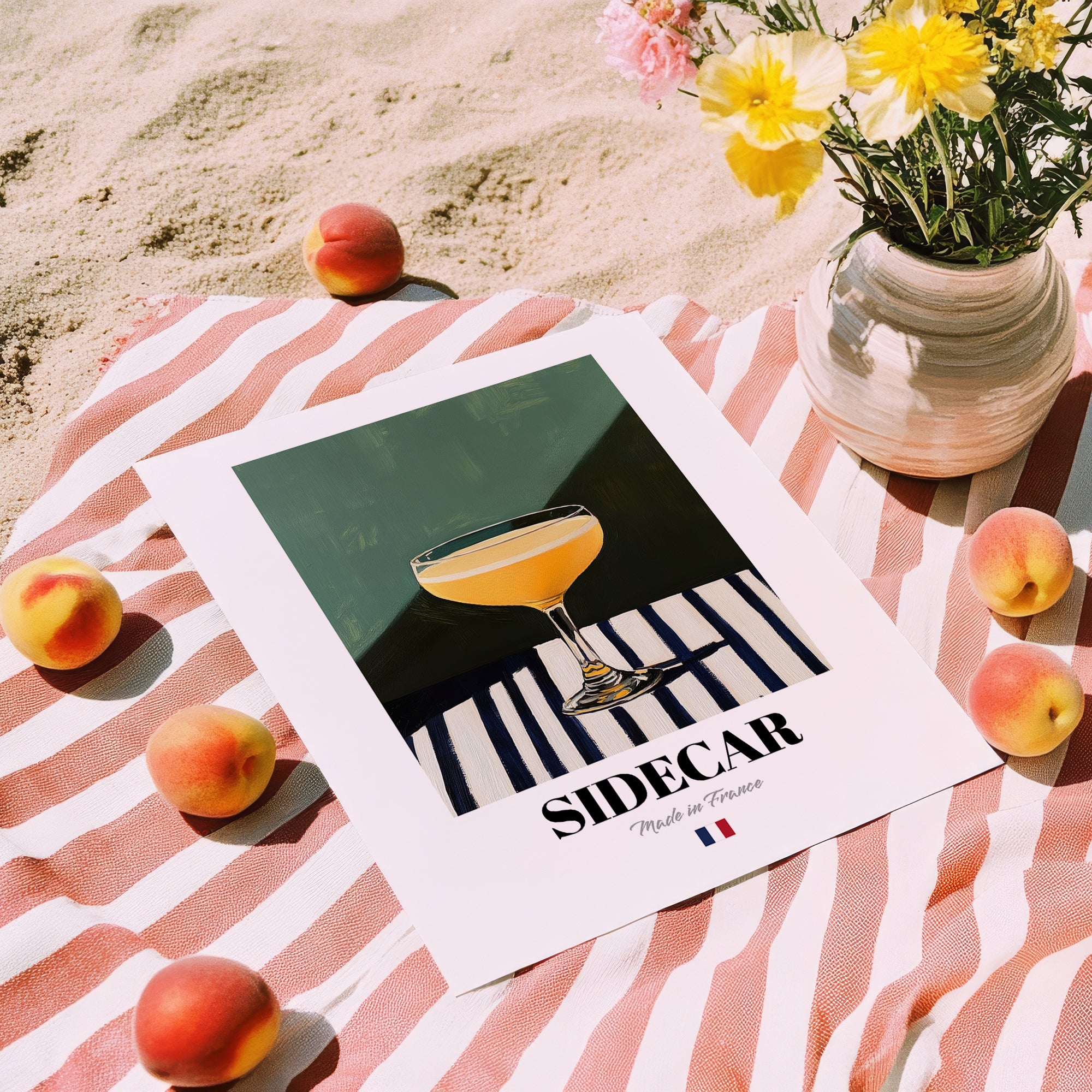 Sidecar – French Cocktail Drink, Cocktail Lounge Wall Art, unframed on coastal sand
