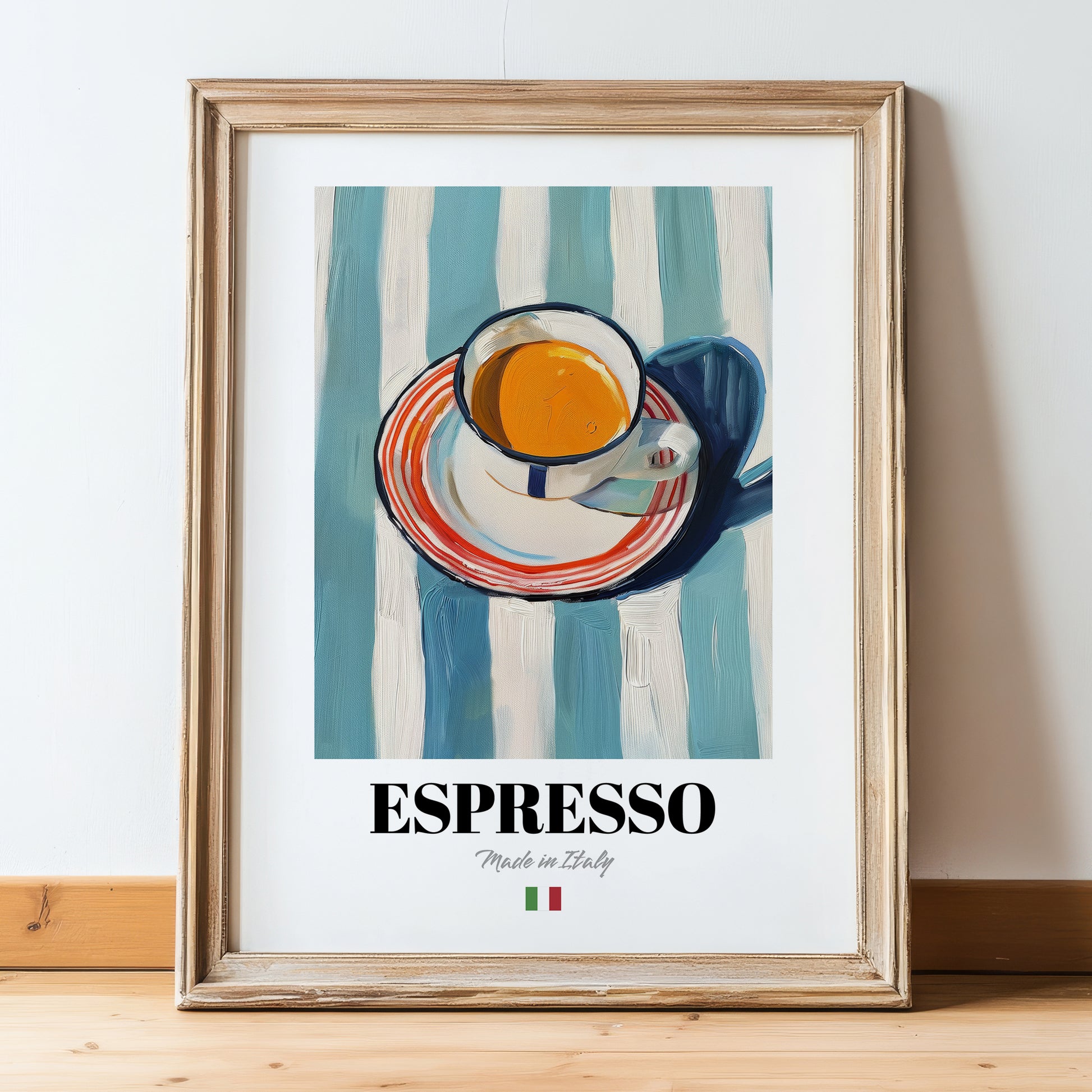 Espresso – Italian Coffee, Café Poster, in wooden frame leaning on the floor