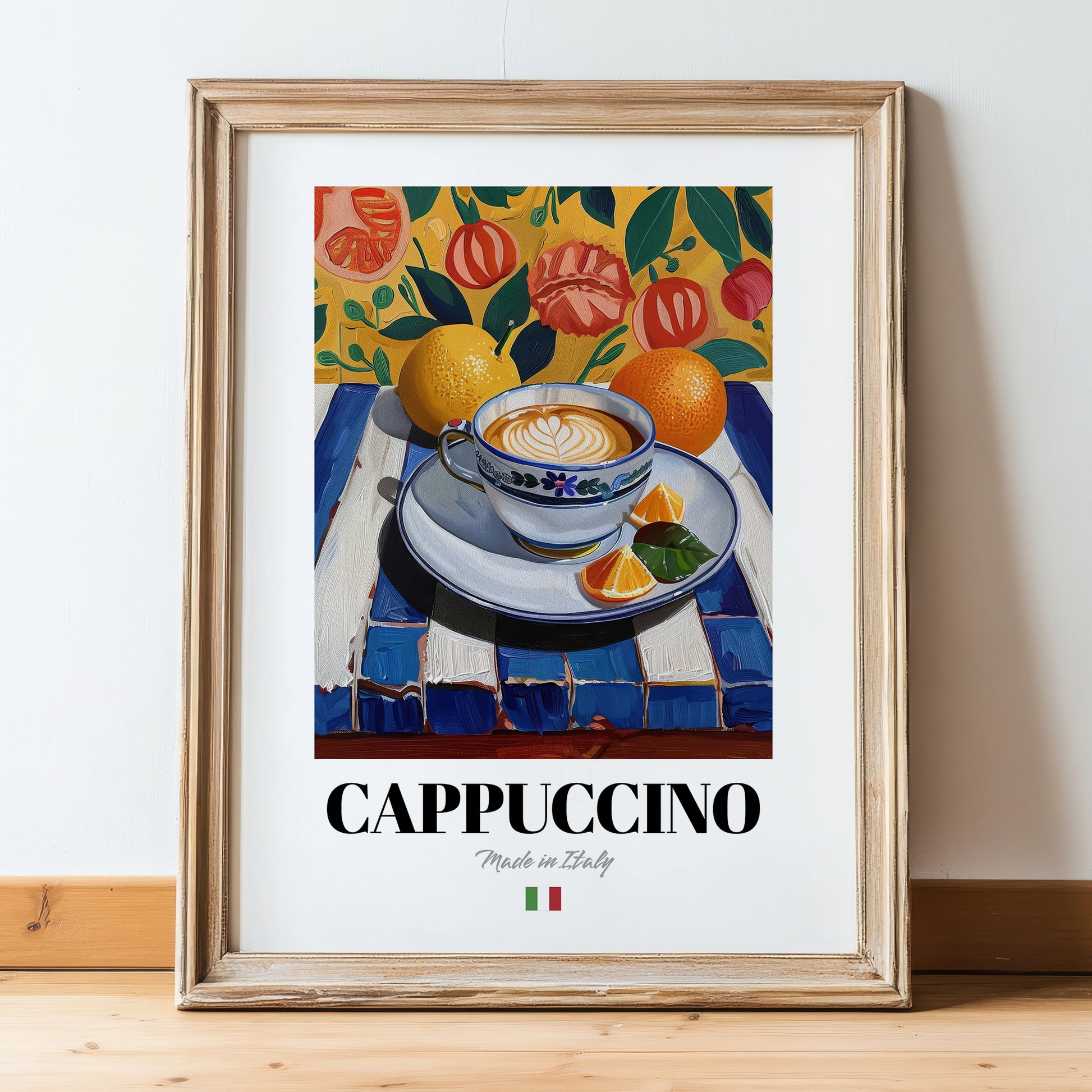 Cappuccino – Italian Coffee, Café Print, in wooden frame leaning on the floor