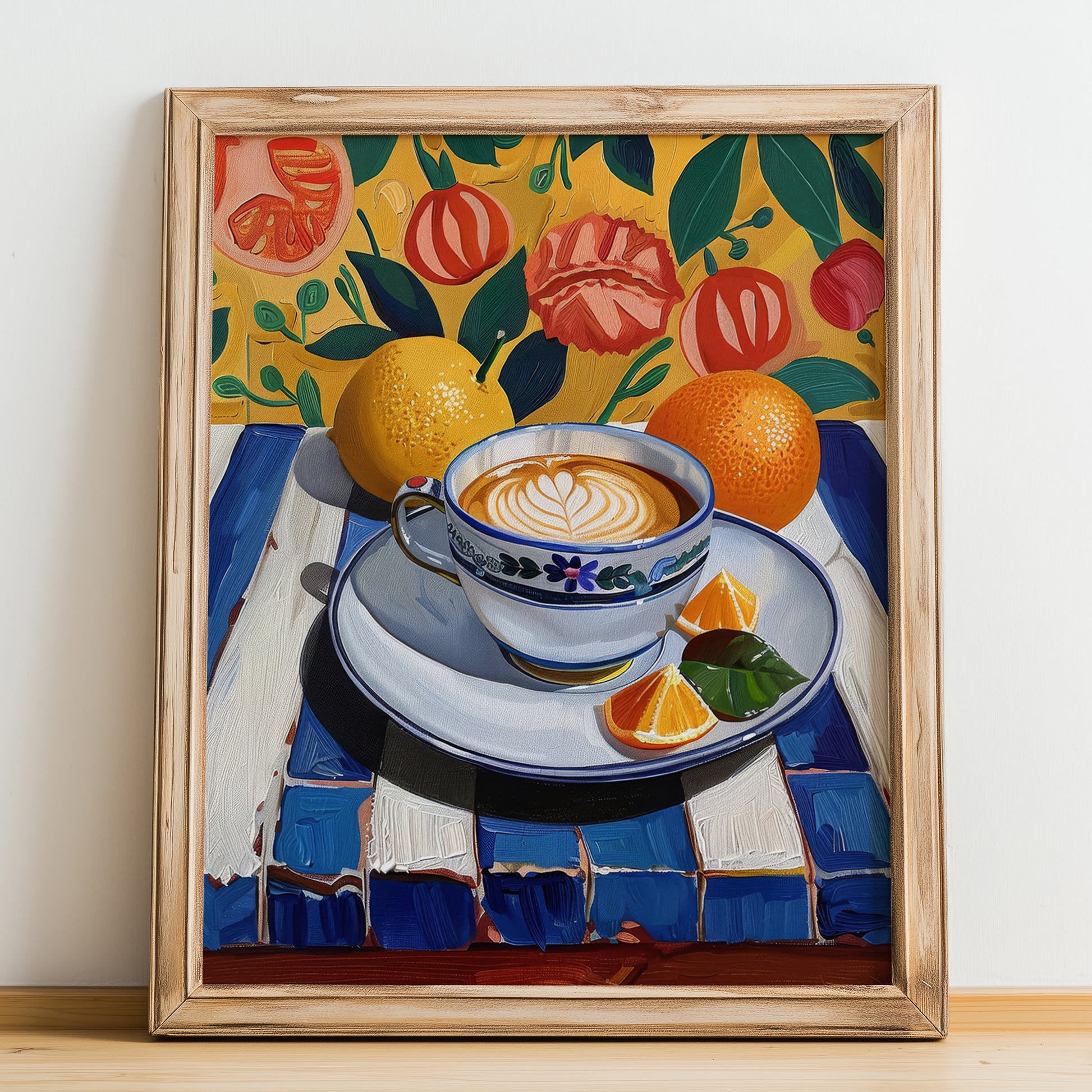 Cappuccino – Italian Coffee, Café Print, no-text version framed in wood
