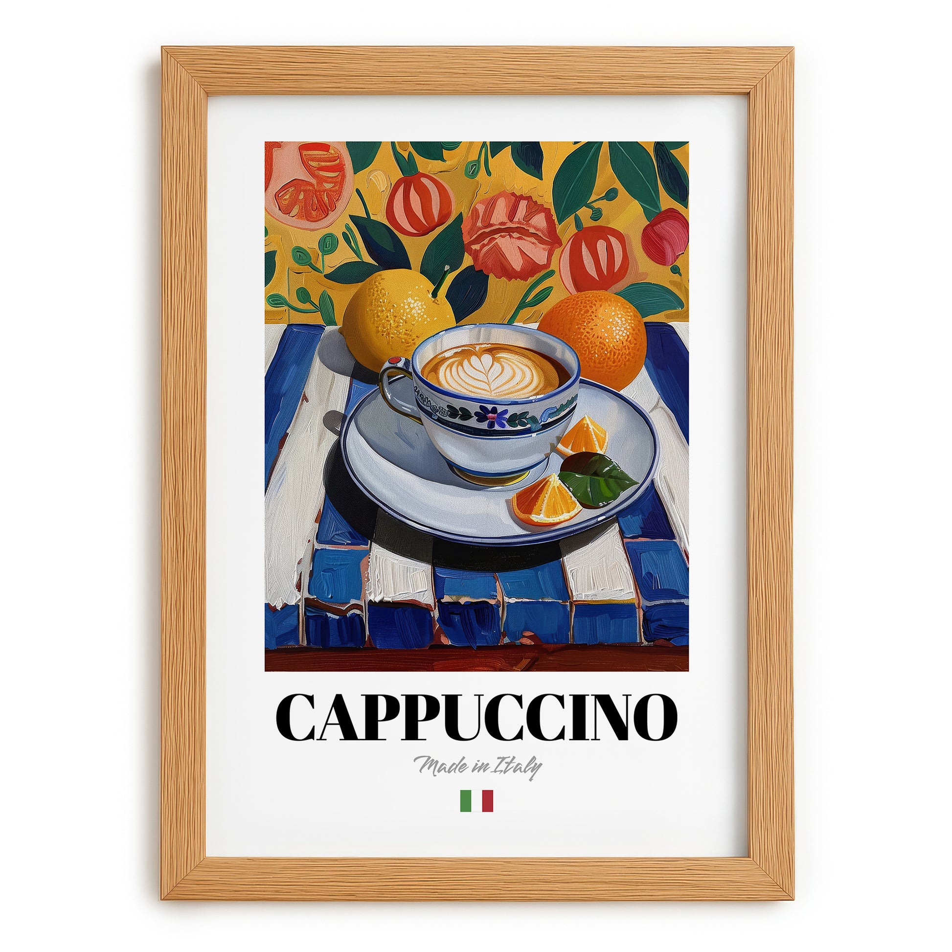 Cappuccino – Italian Coffee, Café Print, set in oak frame