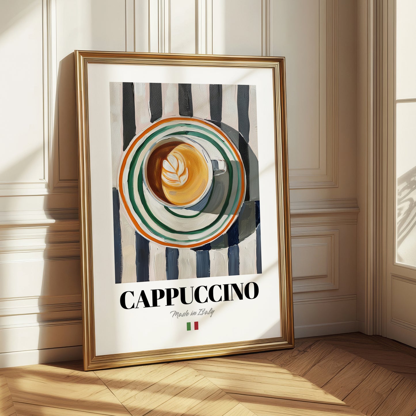 Cappuccino Lot #2 - Italienischer Kaffee auf gestreifter Tischdecke