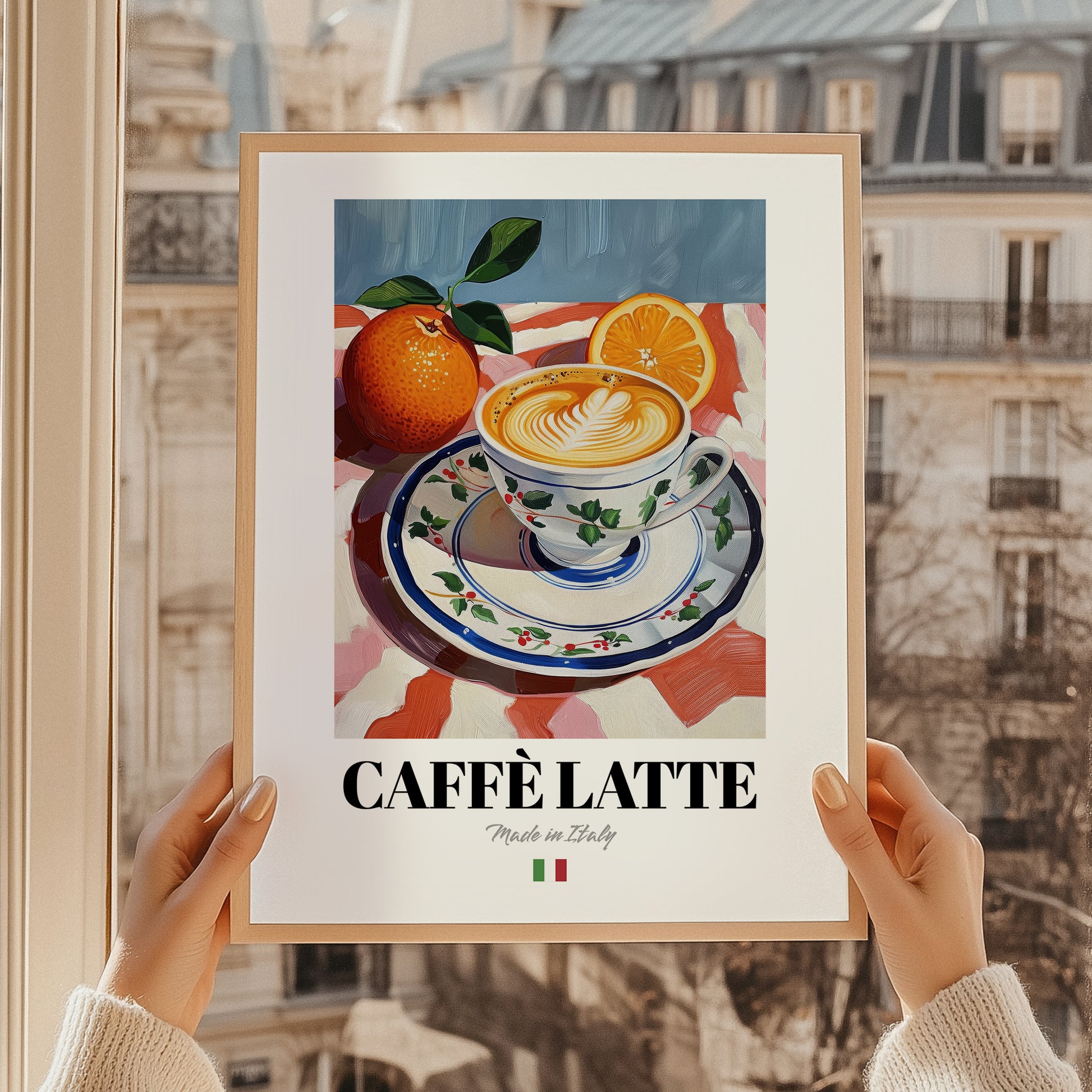 Caffè Latte – Italian Coffee, Espresso Bar Print, styled in a charming Paris street view
