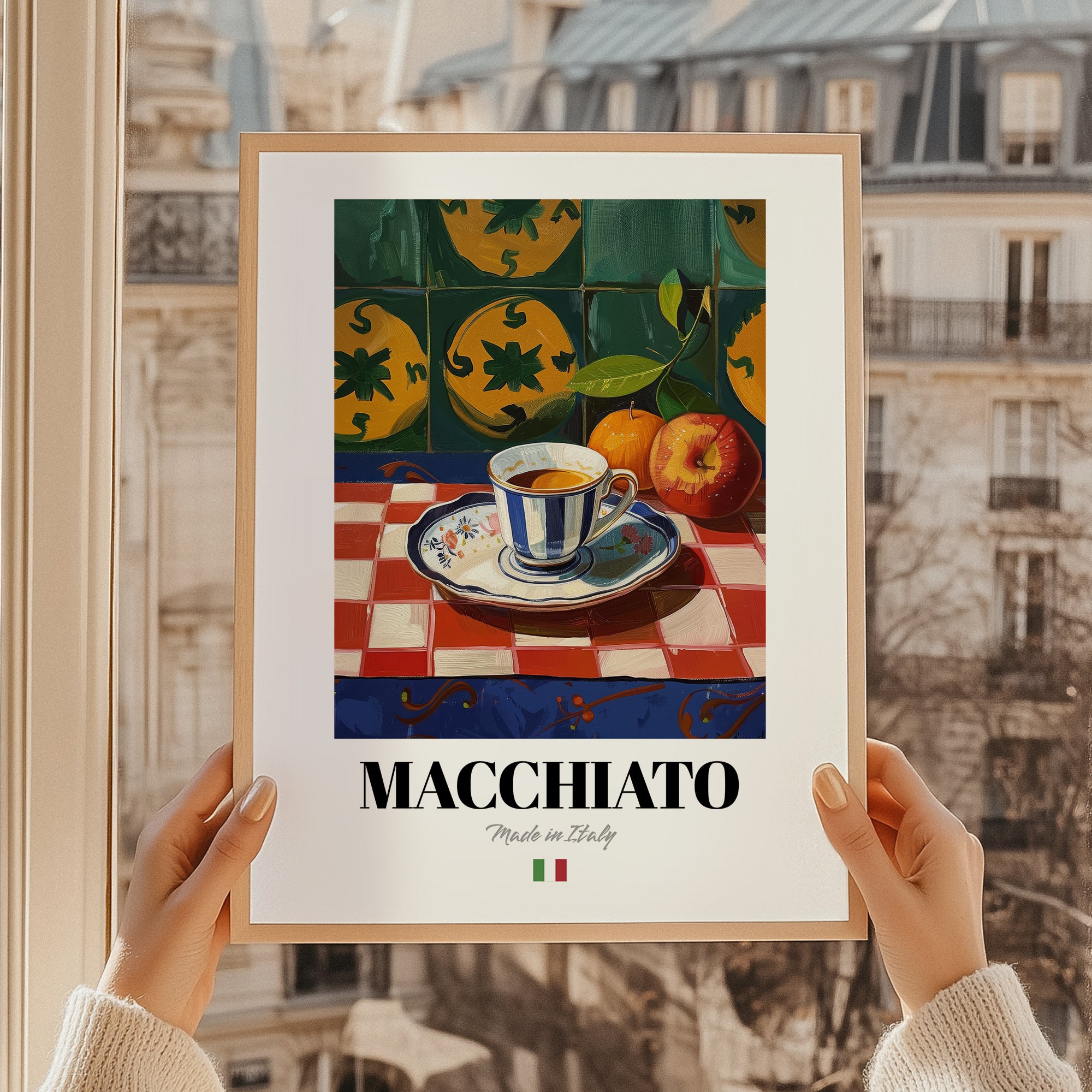Macchiato – Italian Coffee, Café Poster, styled in a charming Paris street view