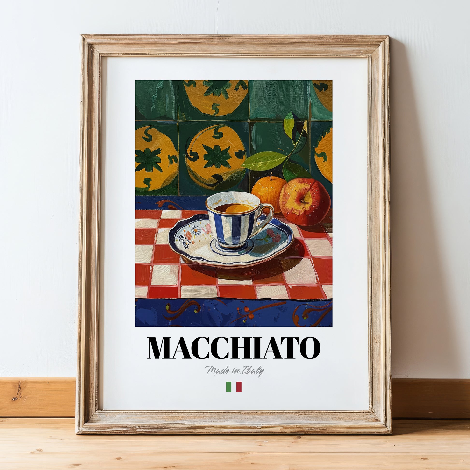 Macchiato – Italian Coffee, Café Poster, in wooden frame leaning on the floor