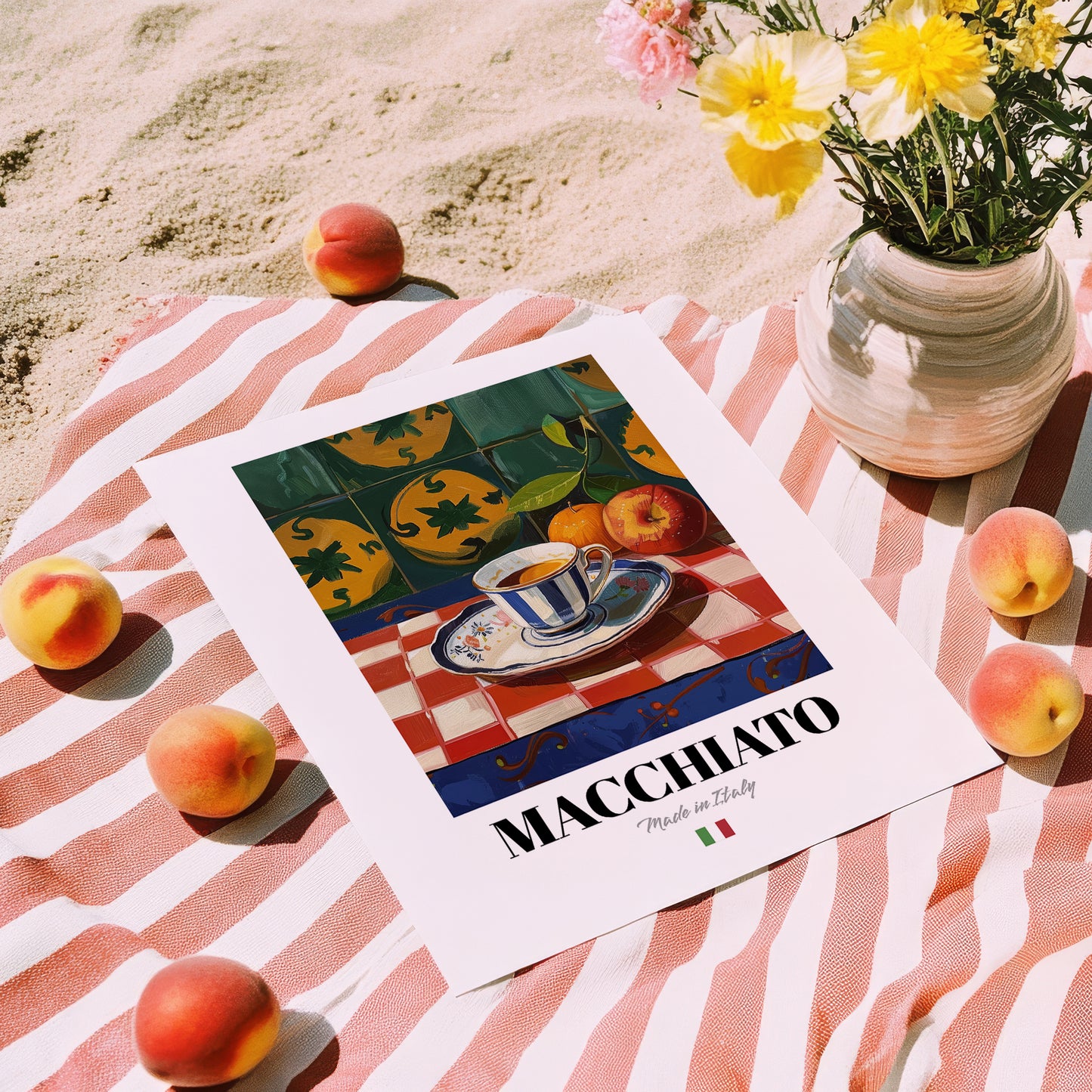 Macchiato – Italian Coffee, Café Poster, unframed on coastal sand