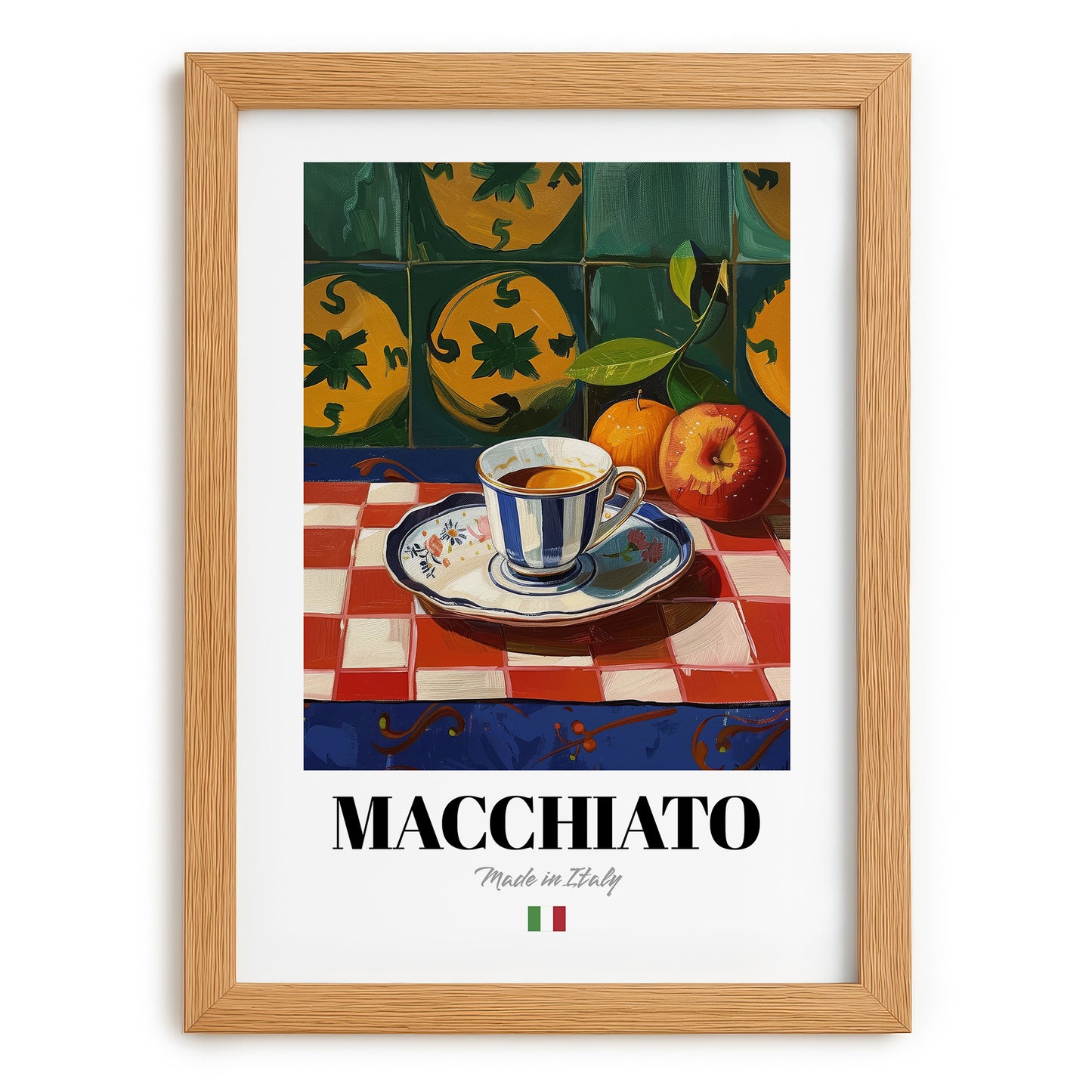 Macchiato – Italian Coffee, Café Poster, set in oak frame