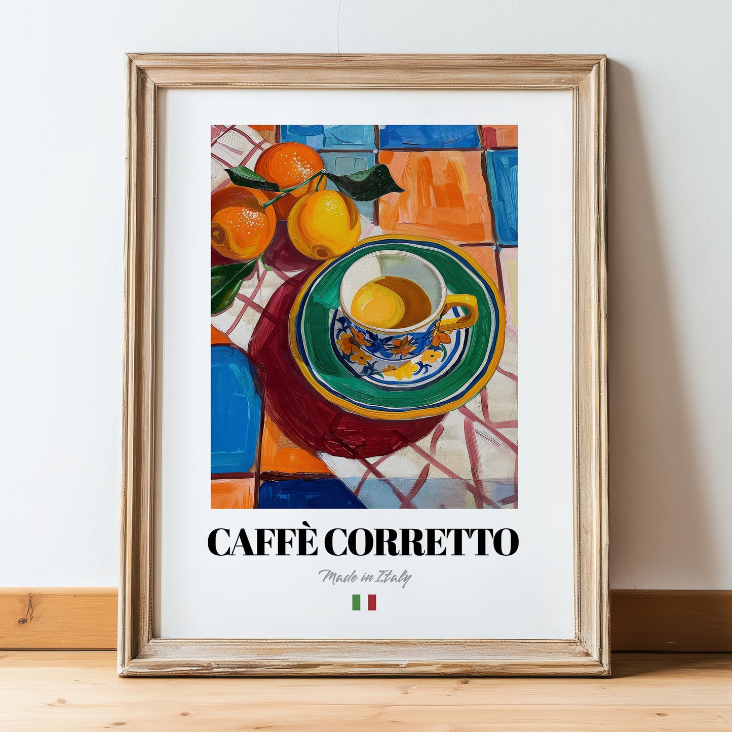 Caffè Corretto – Italian Coffee, Coffeehouse Poster, in wooden frame leaning on the floor