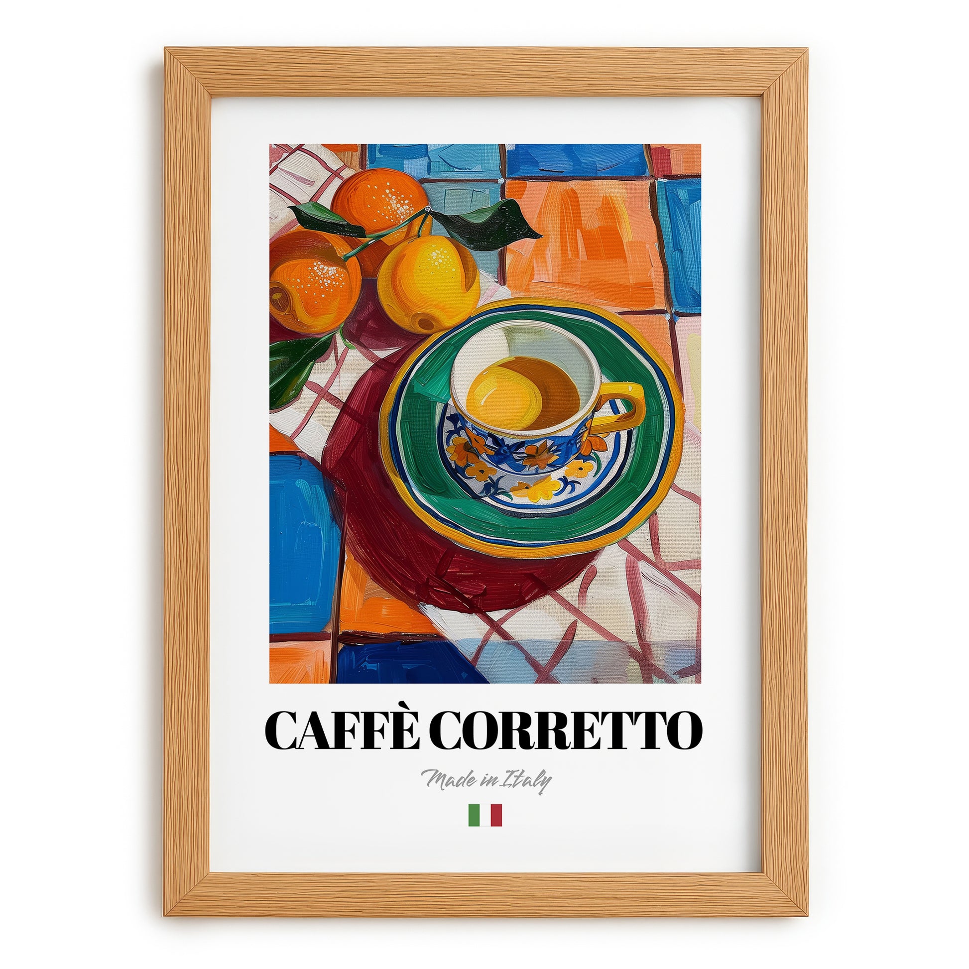 Caffè Corretto – Italian Coffee, Coffeehouse Poster, set in oak frame