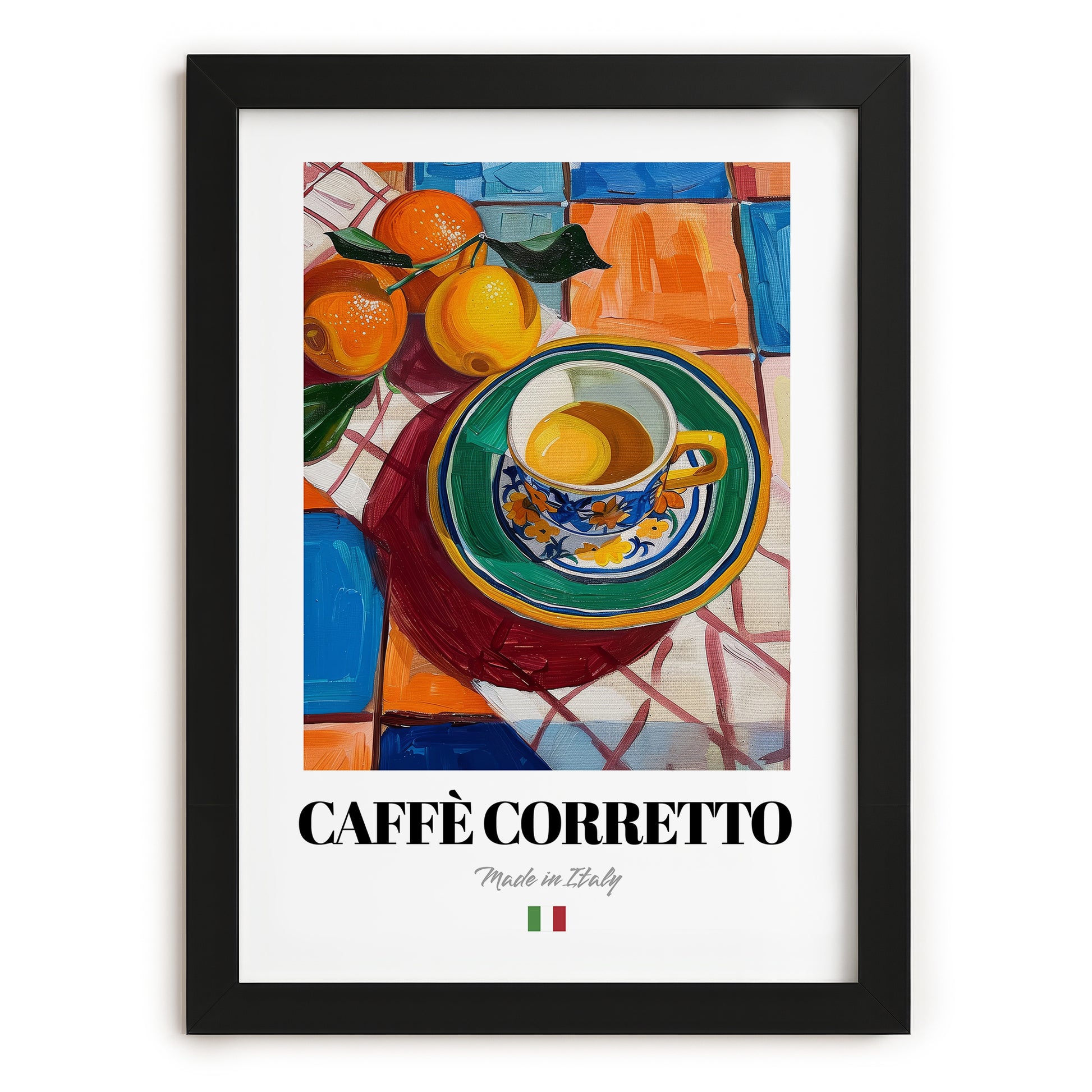 Caffè Corretto – Italian Coffee, Coffeehouse Poster, in sleek black frame