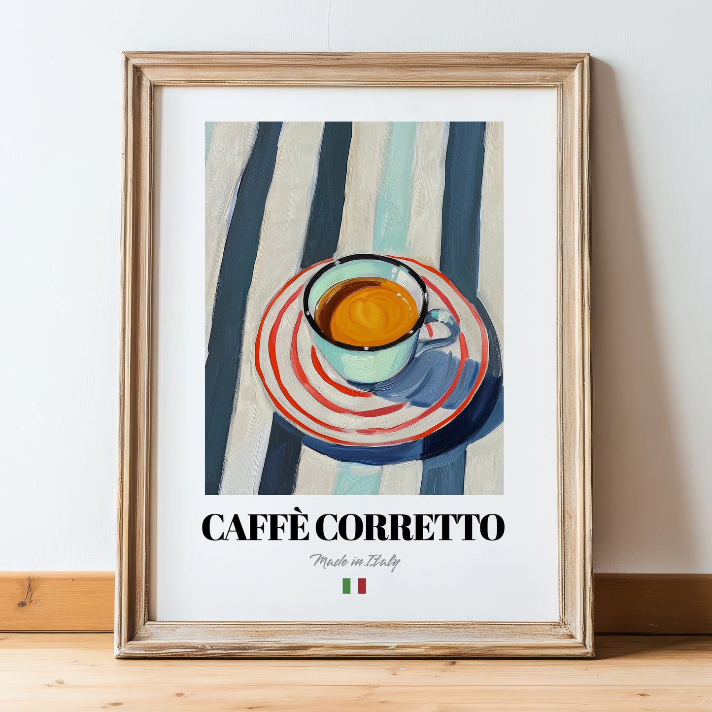 Caffè Corretto – Italian Coffee, Street Café Print, in wooden frame leaning on the floor