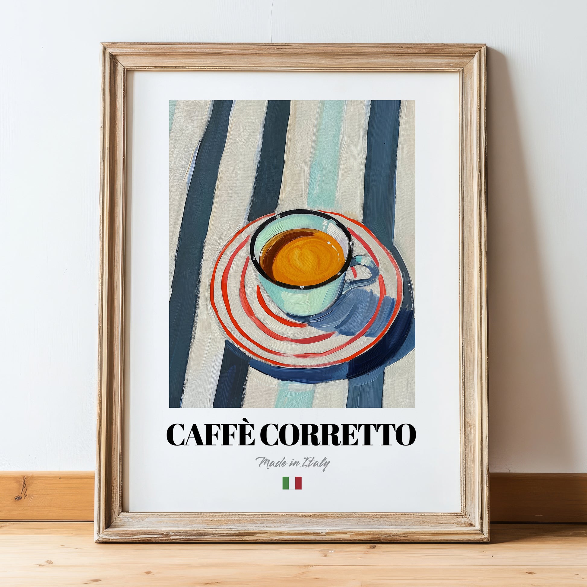 Caffè Corretto – Italian Coffee, Street Café Print, in wooden frame leaning on the floor