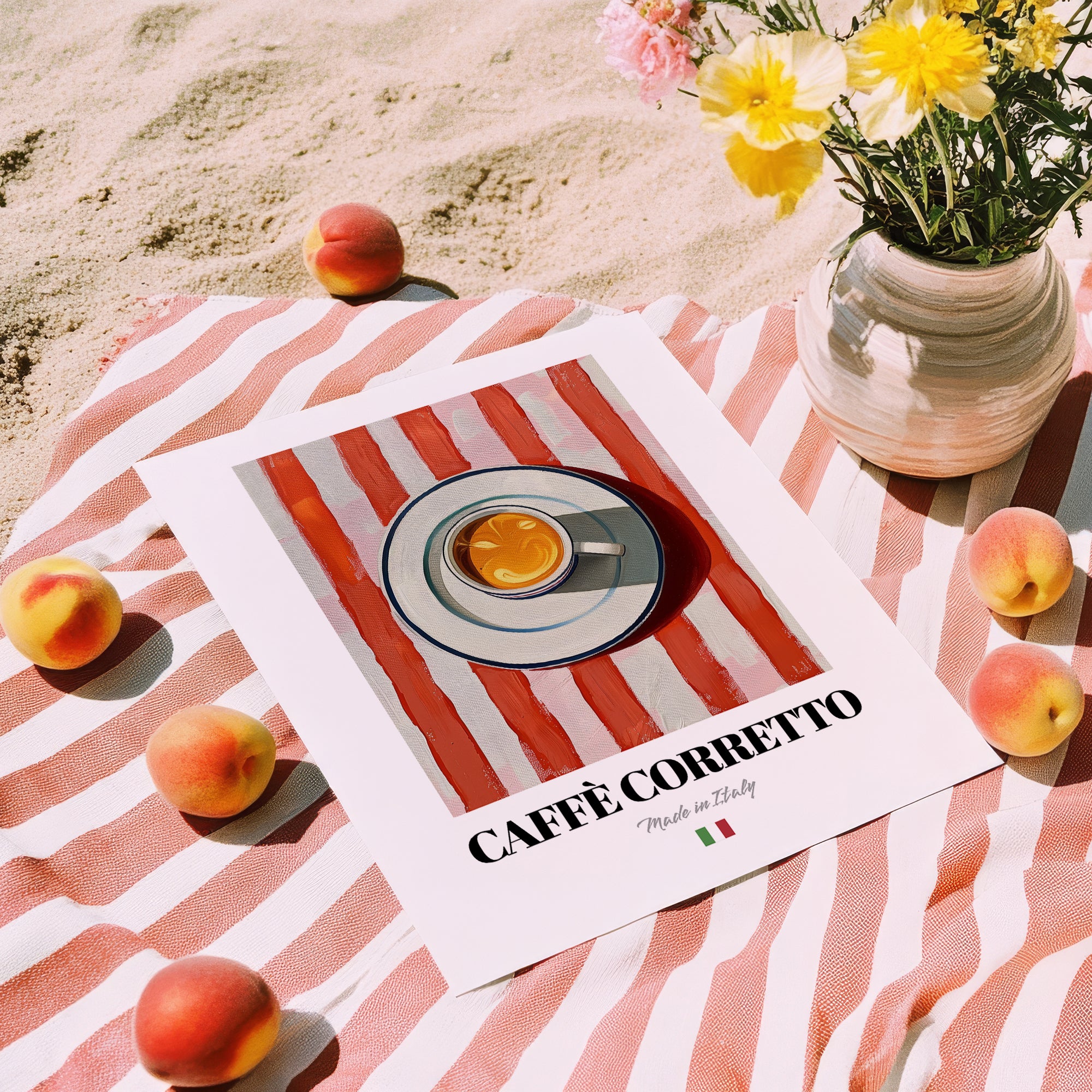 Caffè Corretto – Italian Coffee, Konditorei Poster, unframed on coastal sand