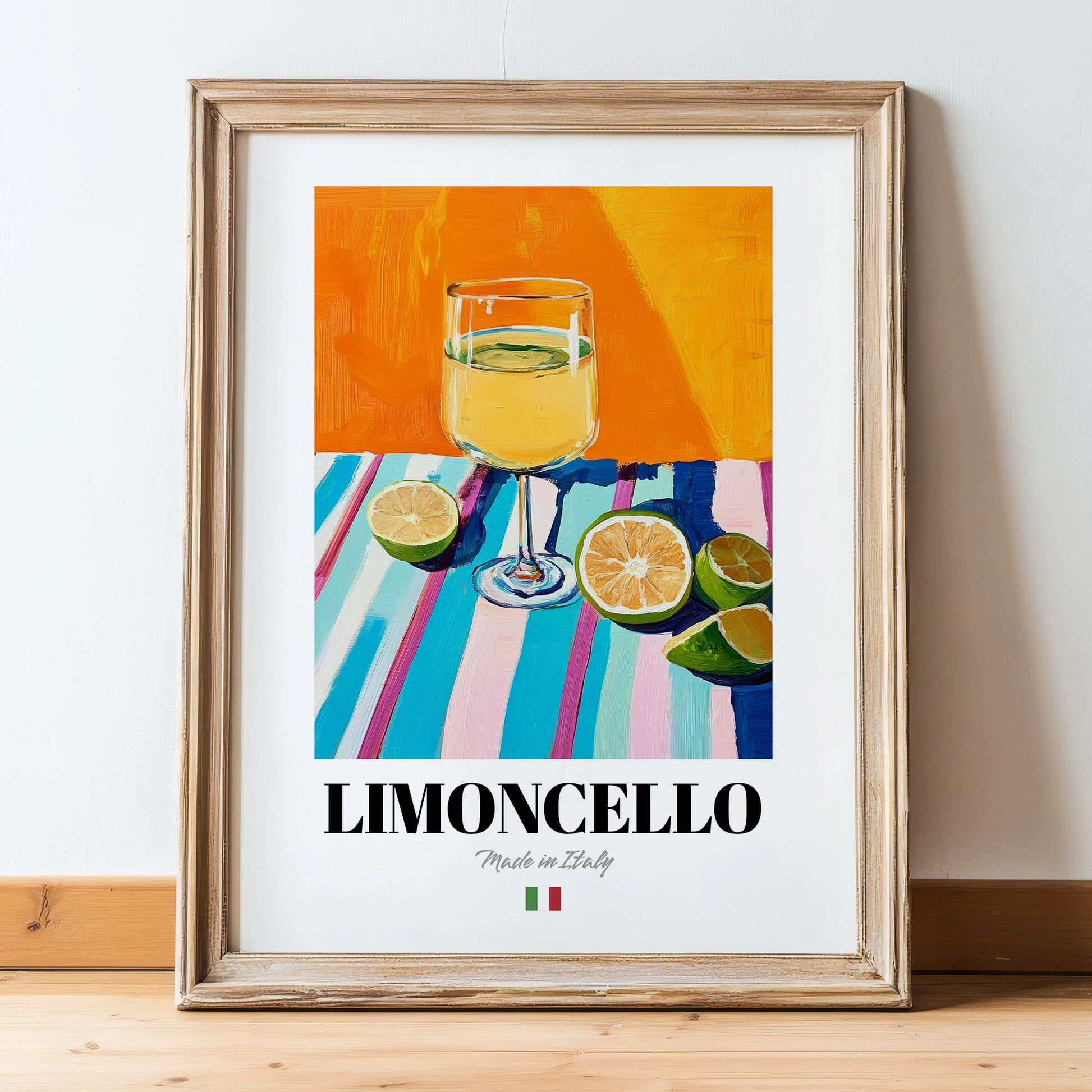 Limoncello – Italian Liqueur Drink, Speakeasy Wall Art, in wooden frame leaning on the floor