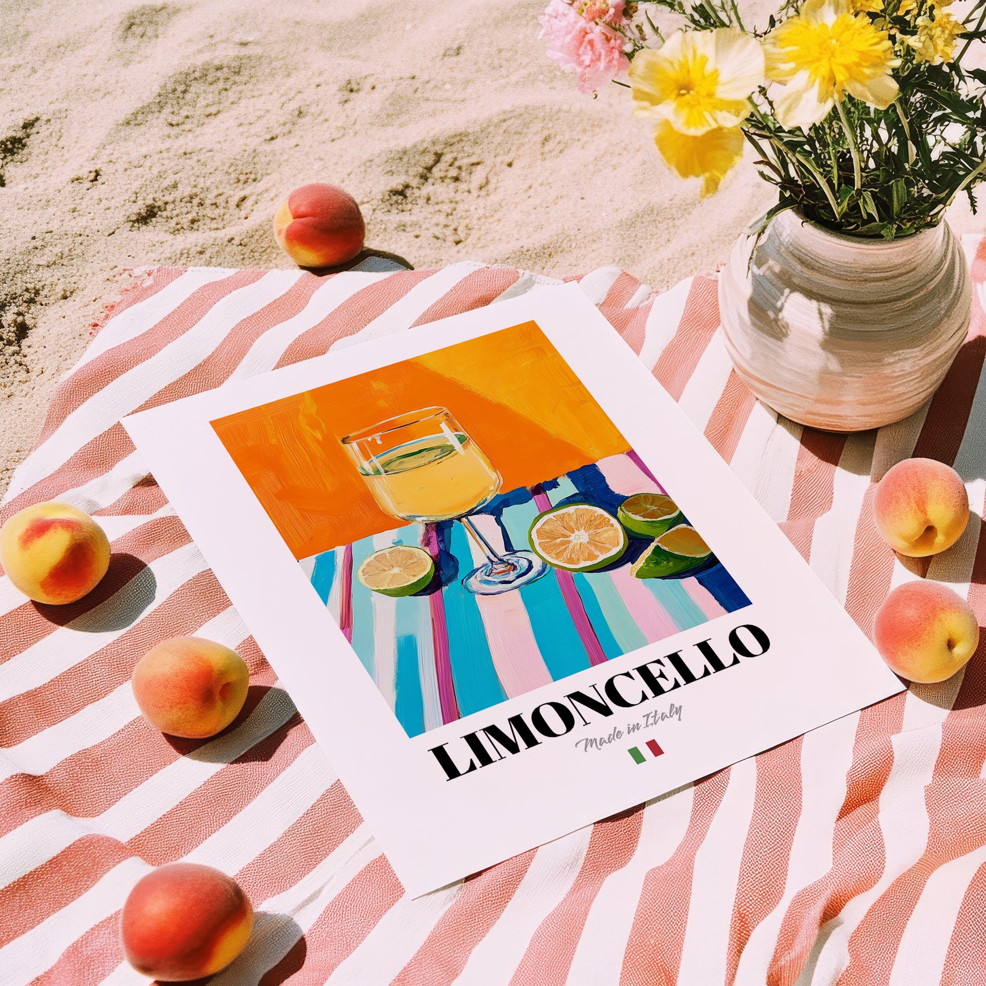 Limoncello – Italian Liqueur Drink, Speakeasy Wall Art, unframed on coastal sand