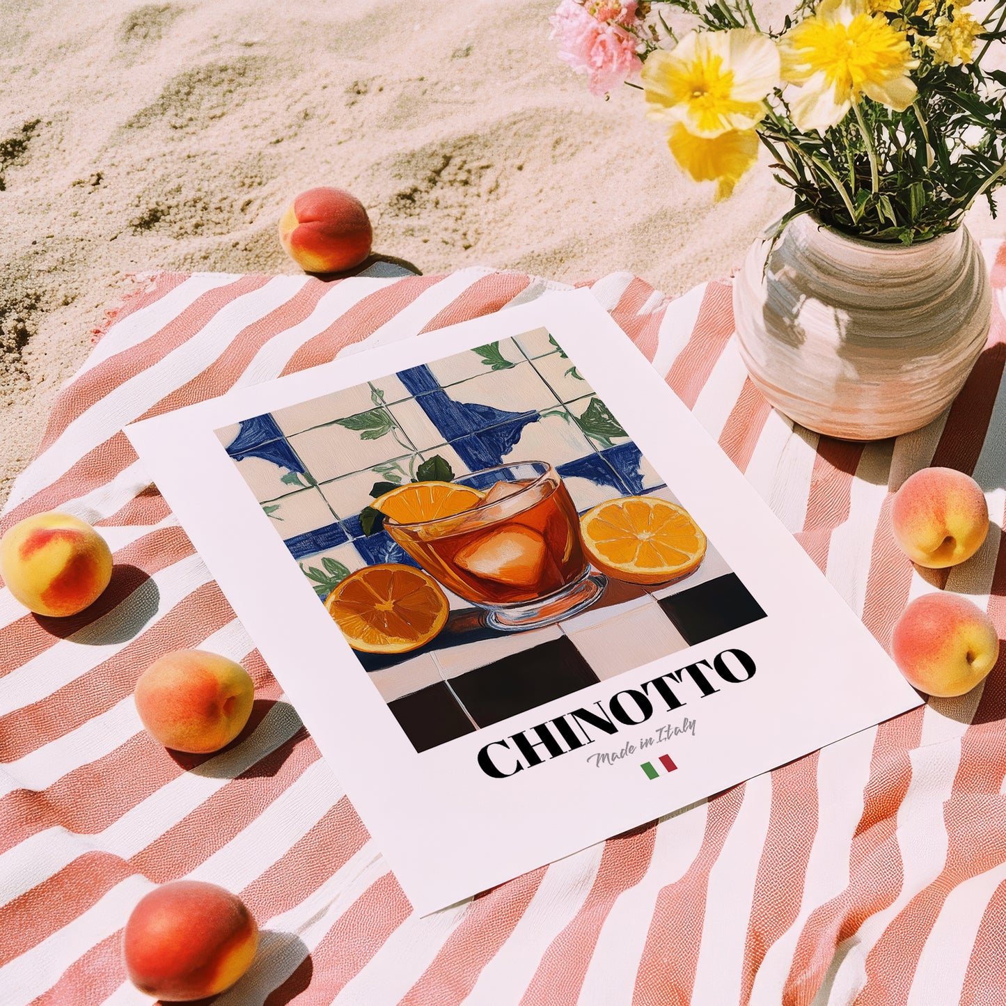 Chinotto – Italian Beverage Drink, Sky Bar Poster, unframed on coastal sand