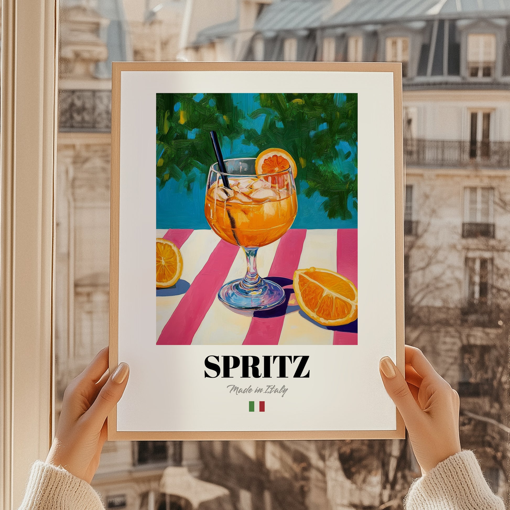 Spritz – Italian Cocktail Drink, Beach Bar Wall Decor, styled in a charming Paris street view