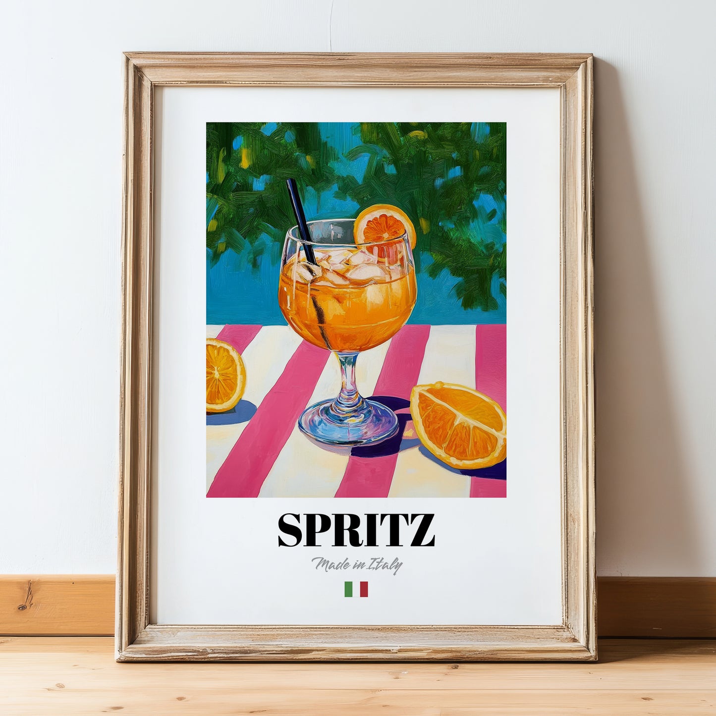 Spritz – Italian Cocktail Drink, Beach Bar Wall Decor, in wooden frame leaning on the floor