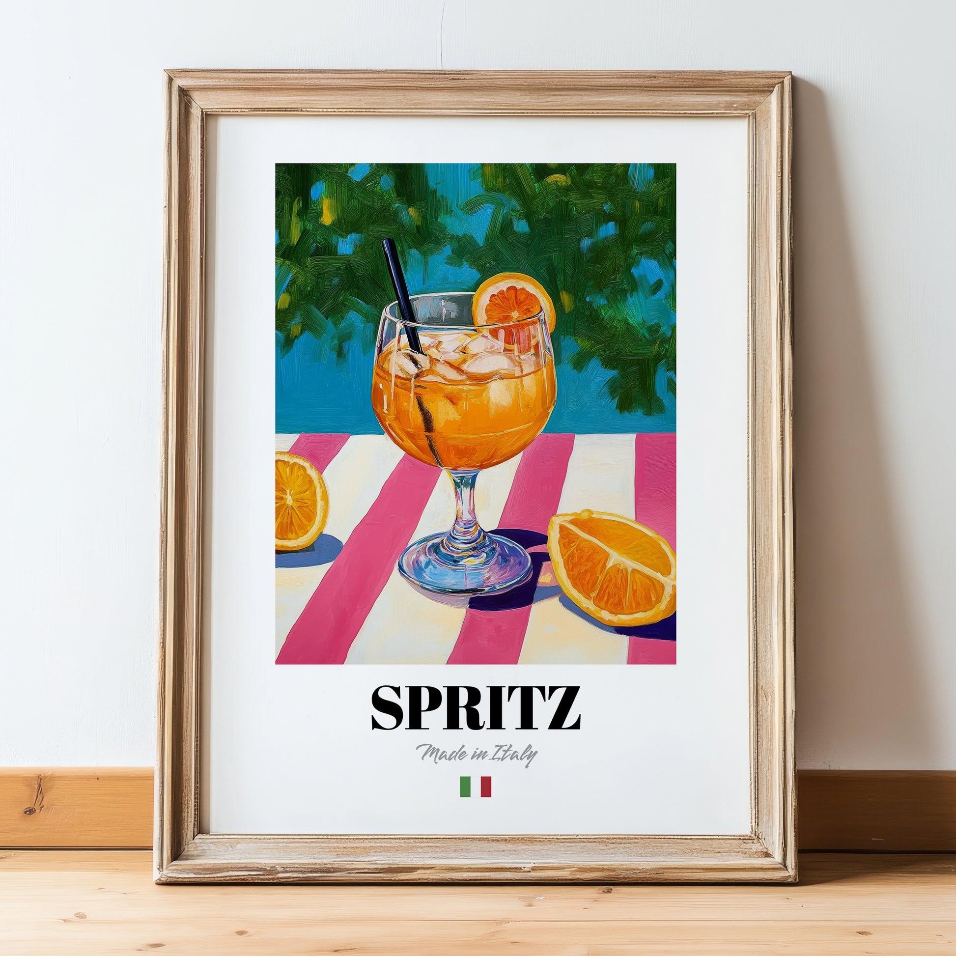 Spritz – Italian Cocktail Drink, Beach Bar Wall Decor, in wooden frame leaning on the floor