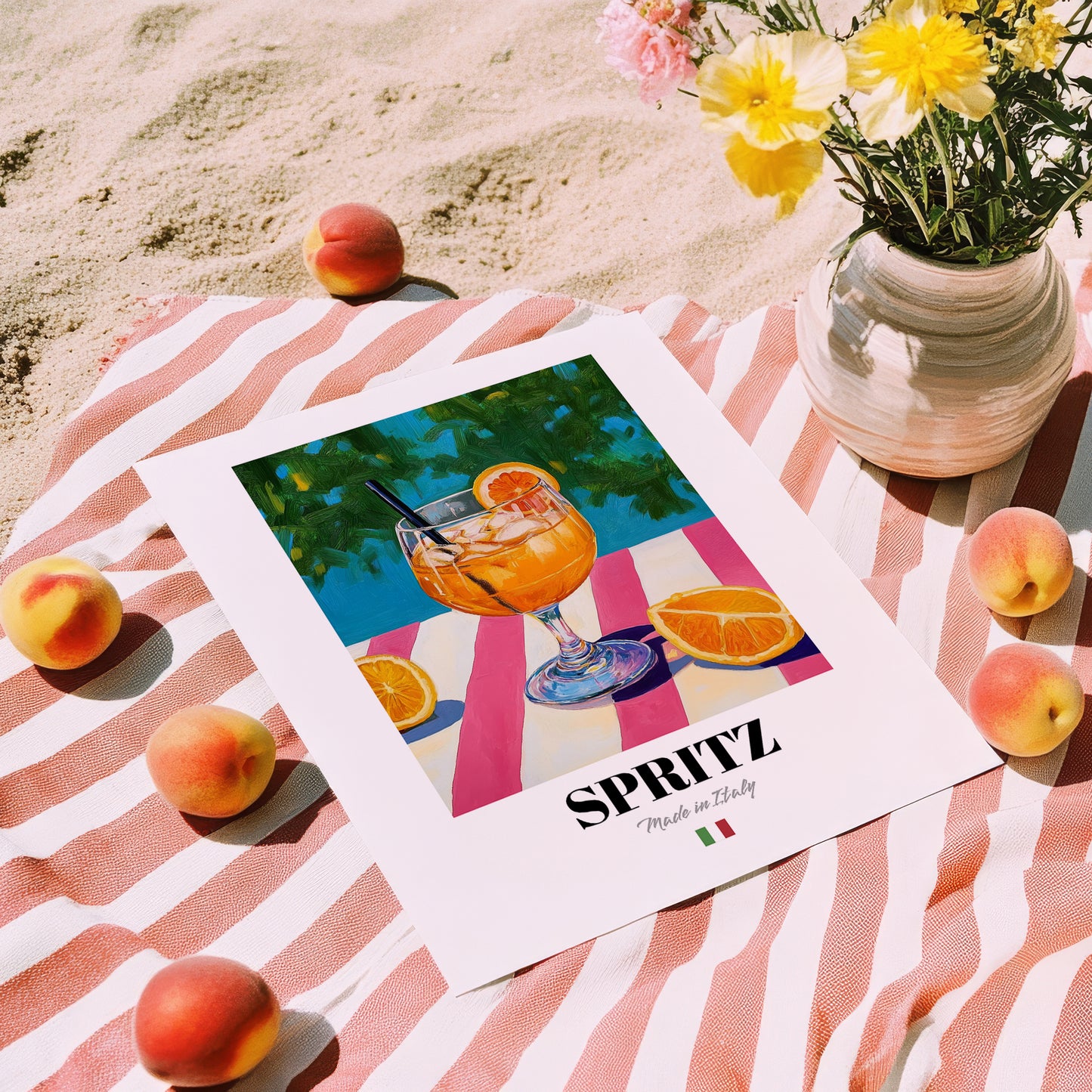 Spritz – Italian Cocktail Drink, Beach Bar Wall Decor, unframed on coastal sand