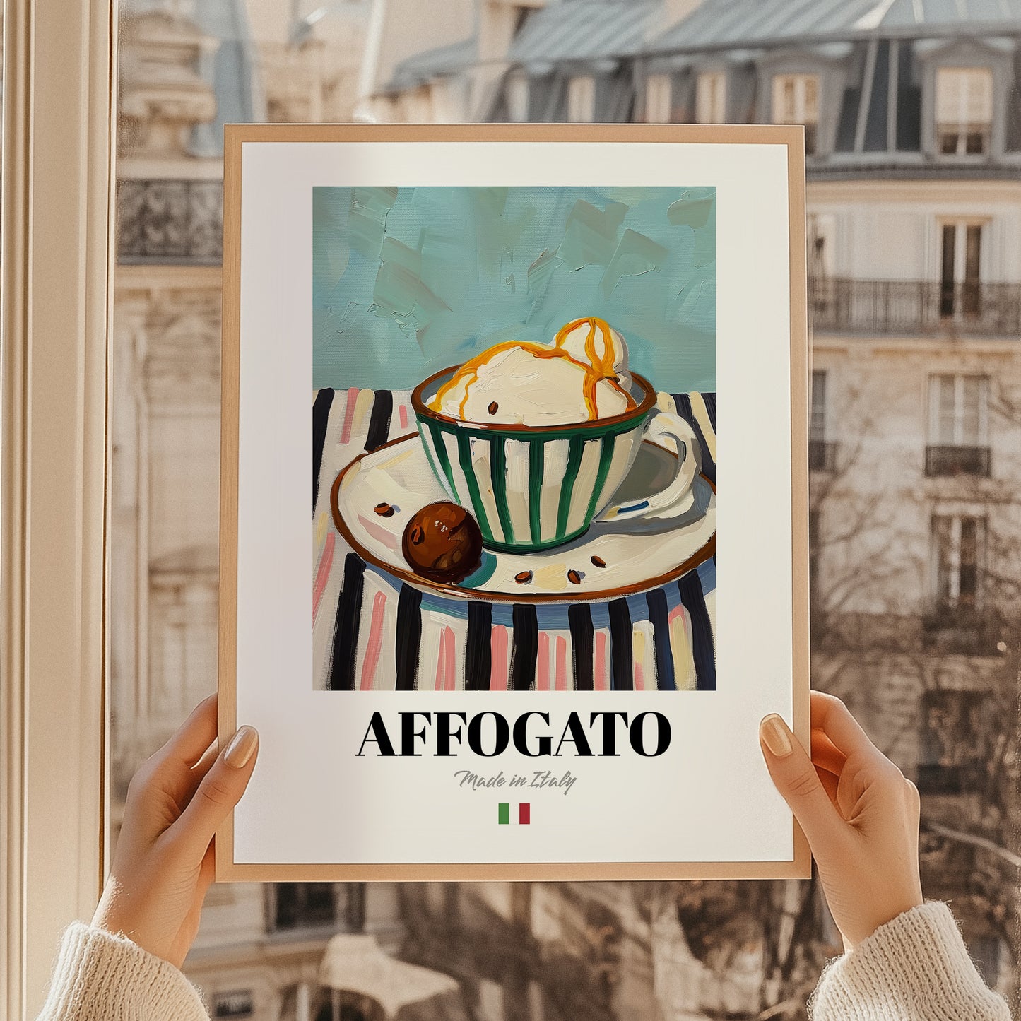 Affogato – Italian Coffee, Konditorei Wall Art, styled in a charming Paris street view
