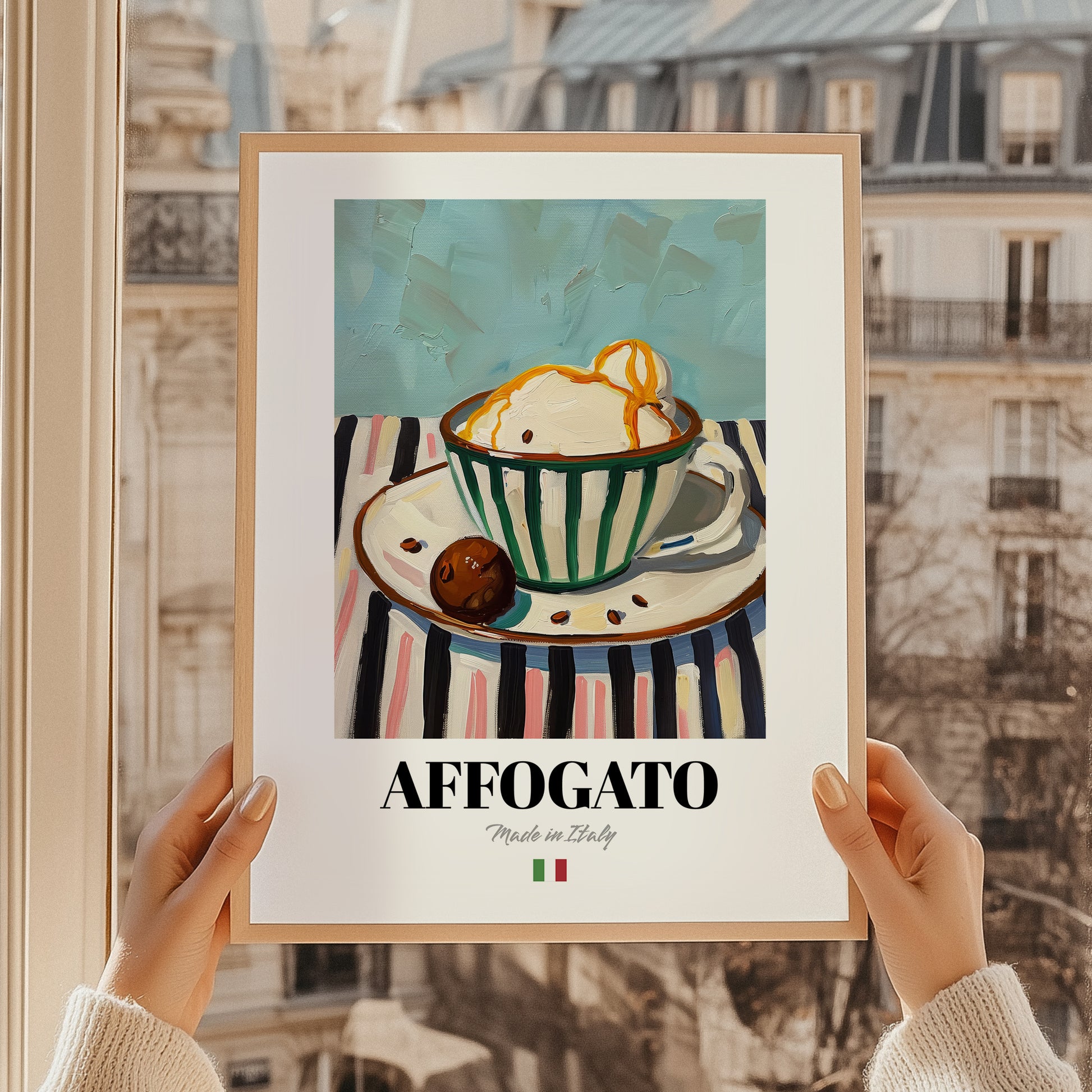 Affogato – Italian Coffee, Konditorei Wall Art, styled in a charming Paris street view