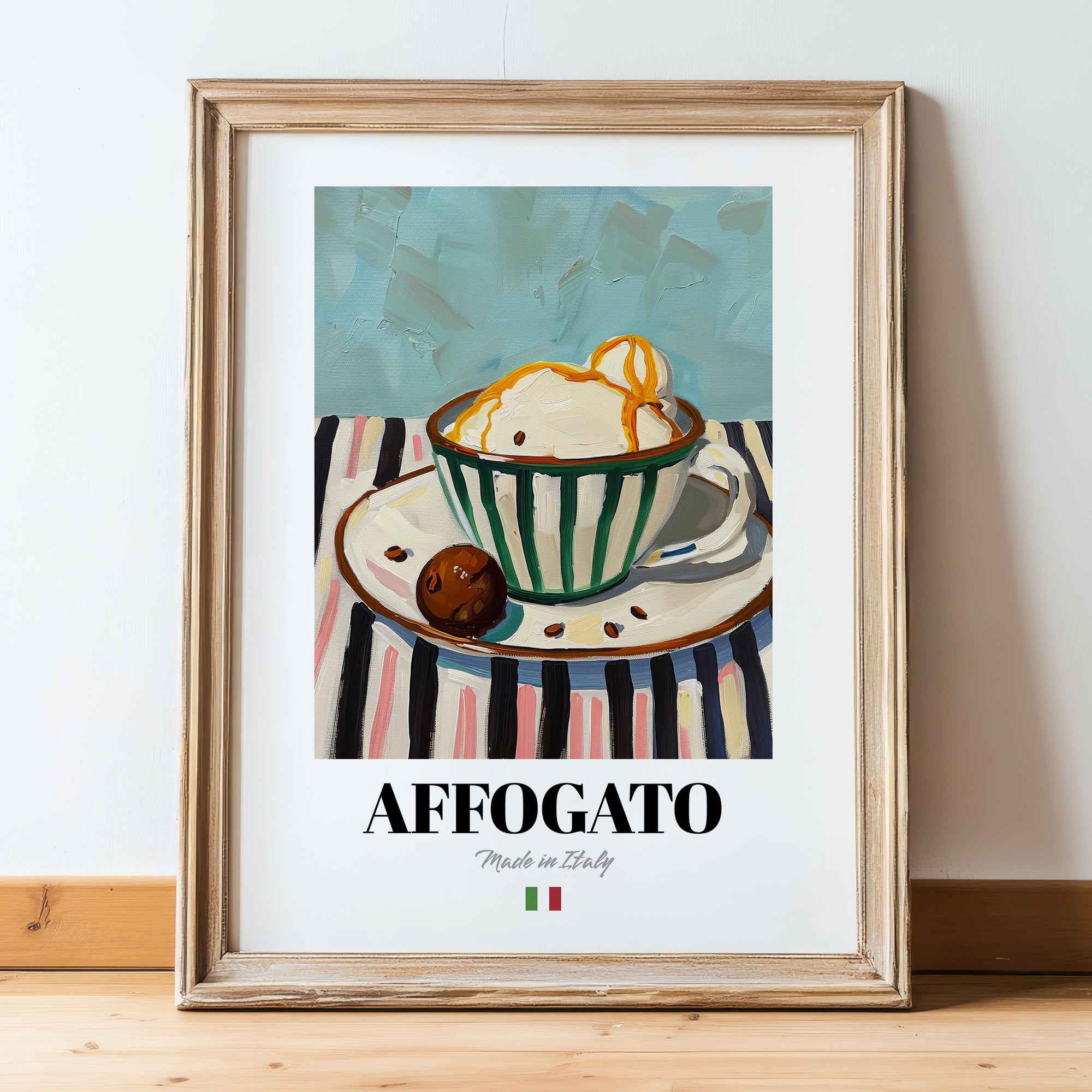 Affogato – Italian Coffee, Konditorei Wall Art, in wooden frame leaning on the floor