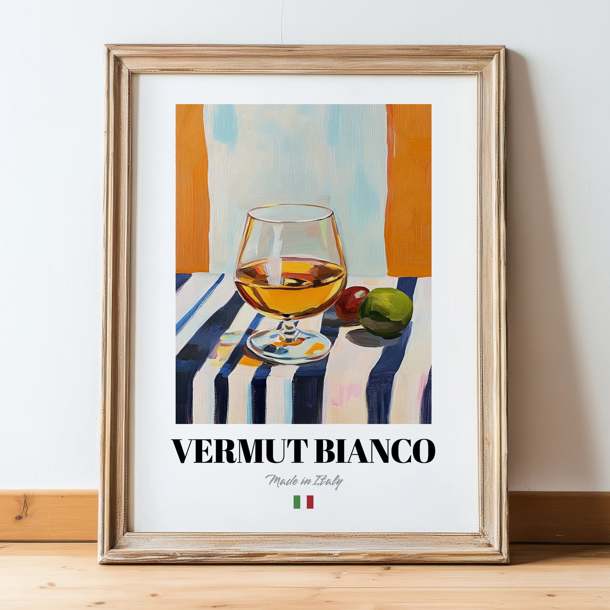 Vermut Bianco – Italian Cocktail Drink, Sky Bar Poster, in wooden frame leaning on the floor