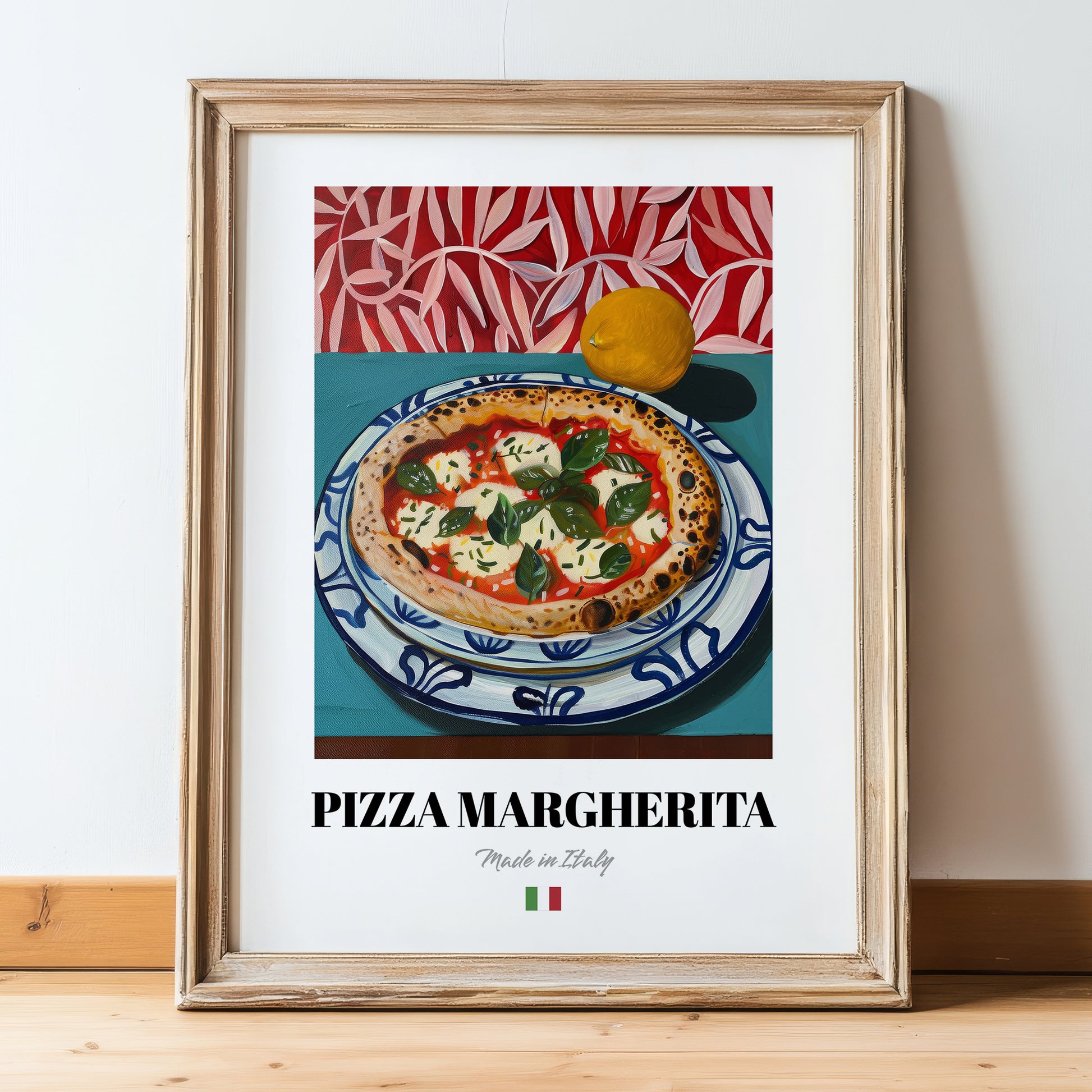 Pizza Margherita – Italian Pizza, Trattoria Poster, in wooden frame leaning on the floor