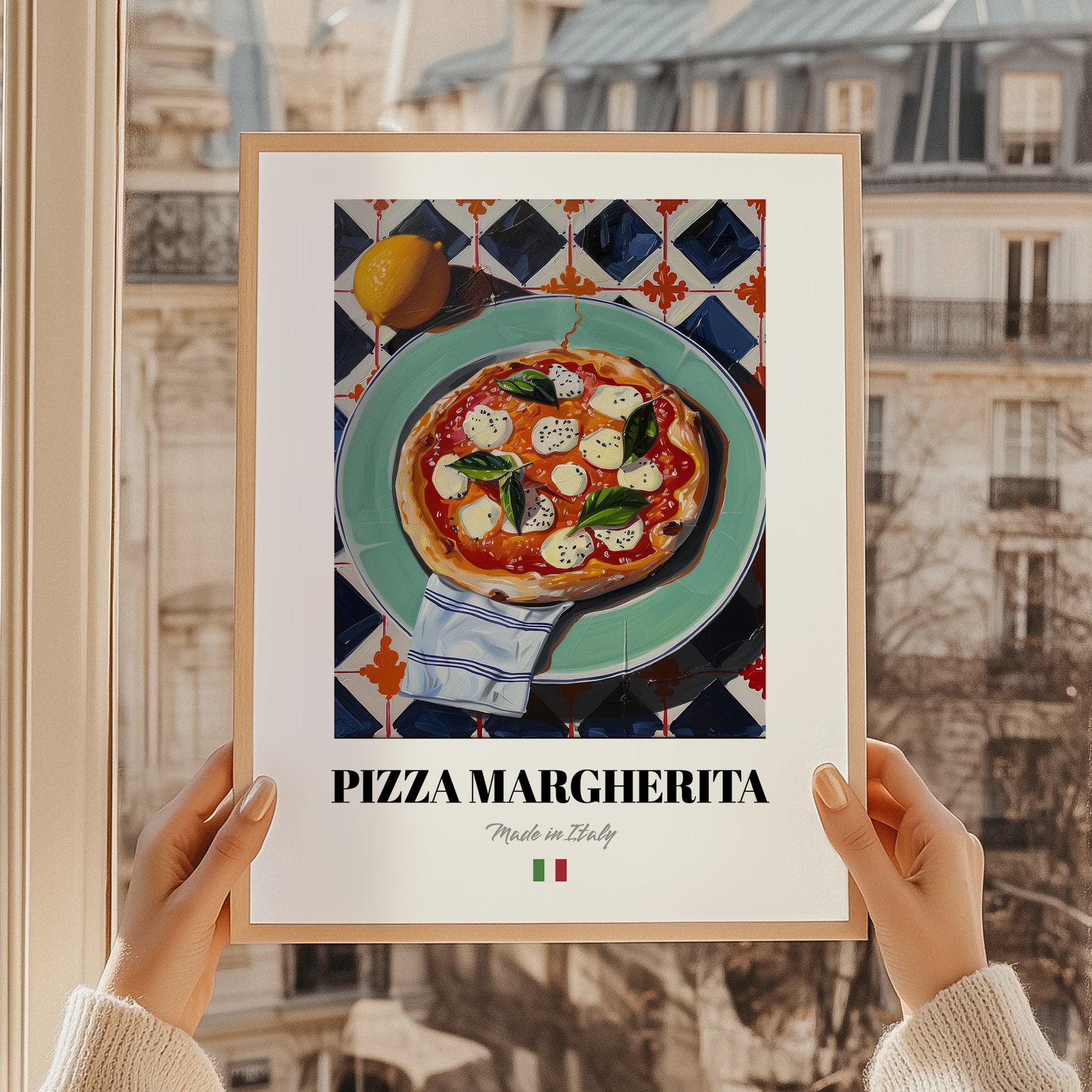Pizza Margherita – Italian Pizza, Restaurant Painting, styled in a charming Paris street view