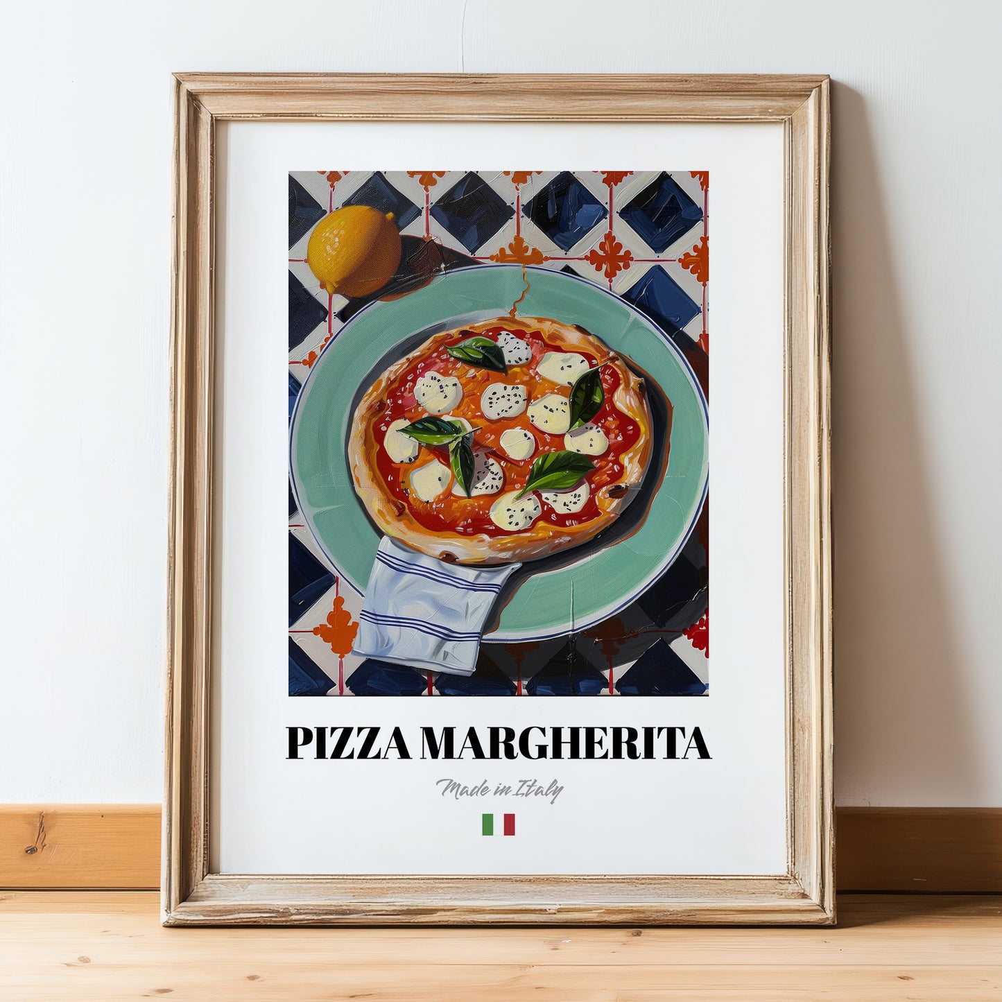 Pizza Margherita – Italian Pizza, Restaurant Painting, in wooden frame leaning on the floor