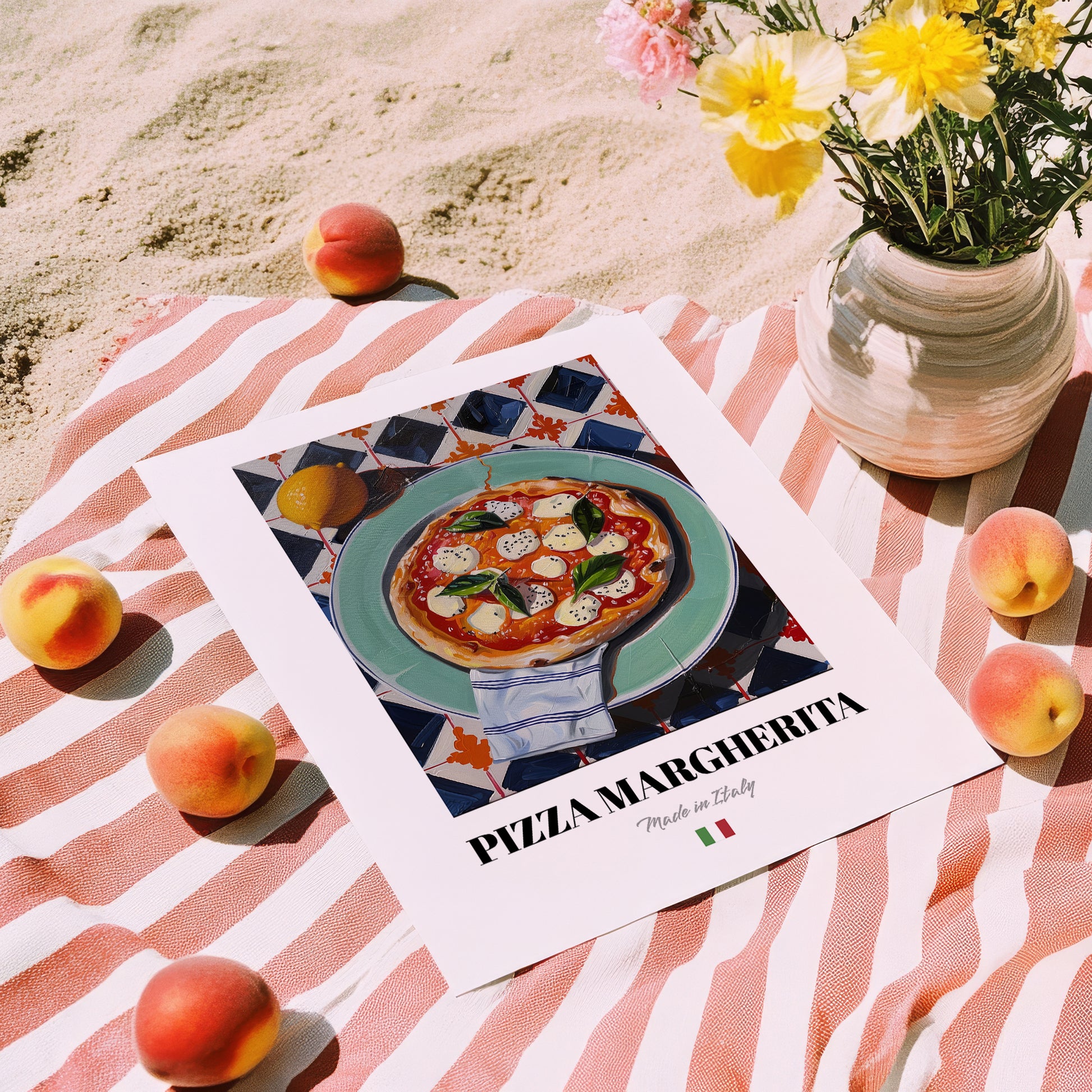 Pizza Margherita – Italian Pizza, Restaurant Painting, unframed on coastal sand