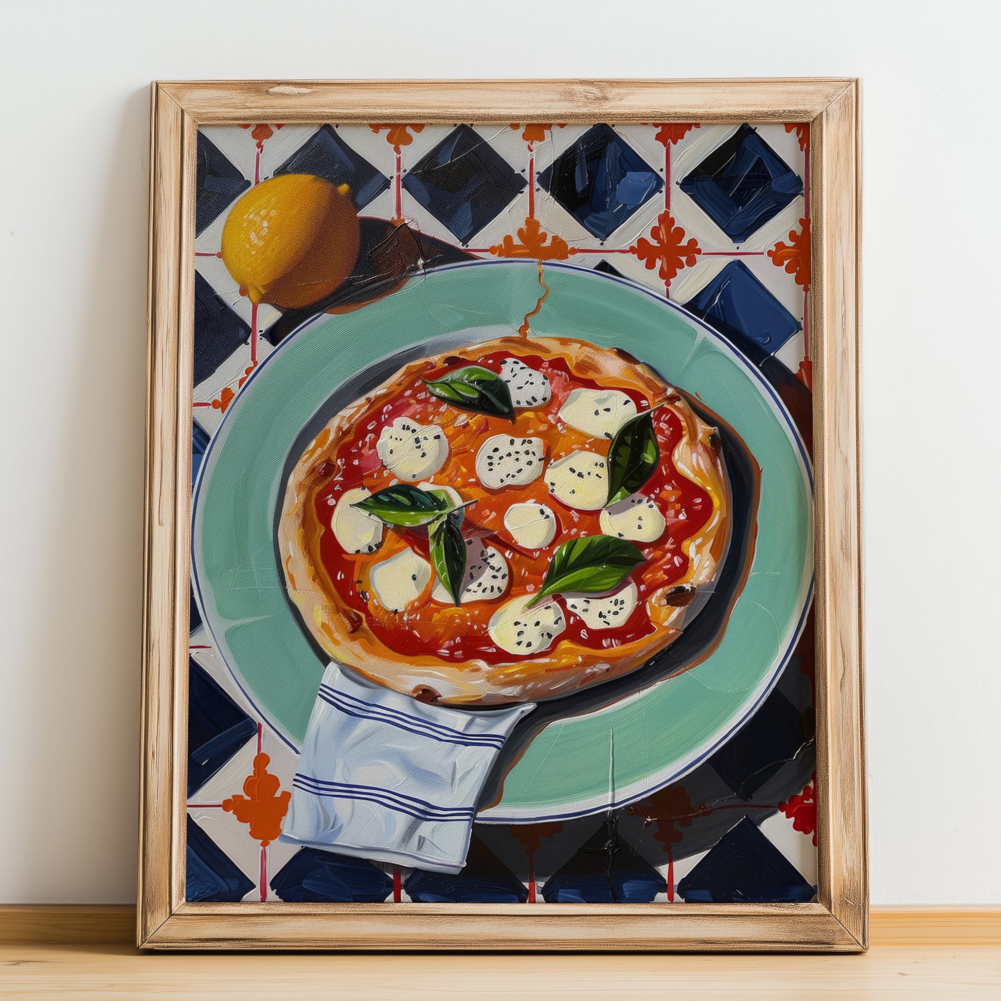 Pizza Margherita – Italian Pizza, Restaurant Painting, no-text version framed in wood