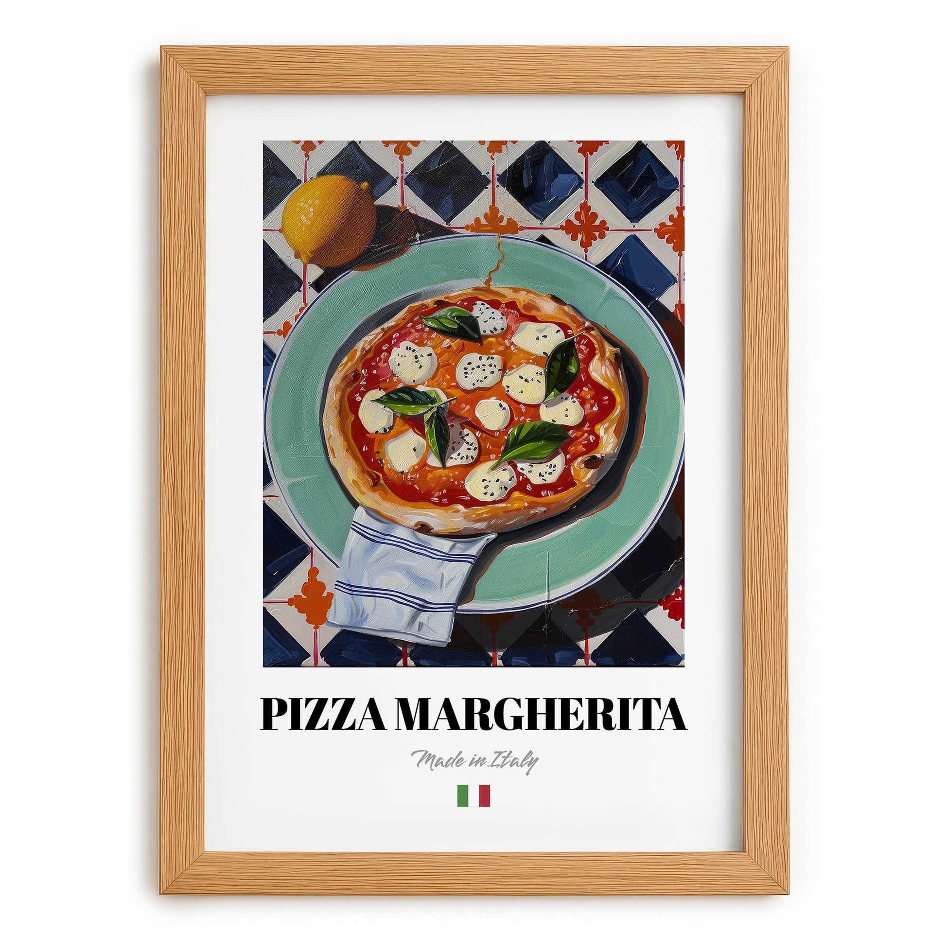 Pizza Margherita – Italian Pizza, Restaurant Painting, set in oak frame