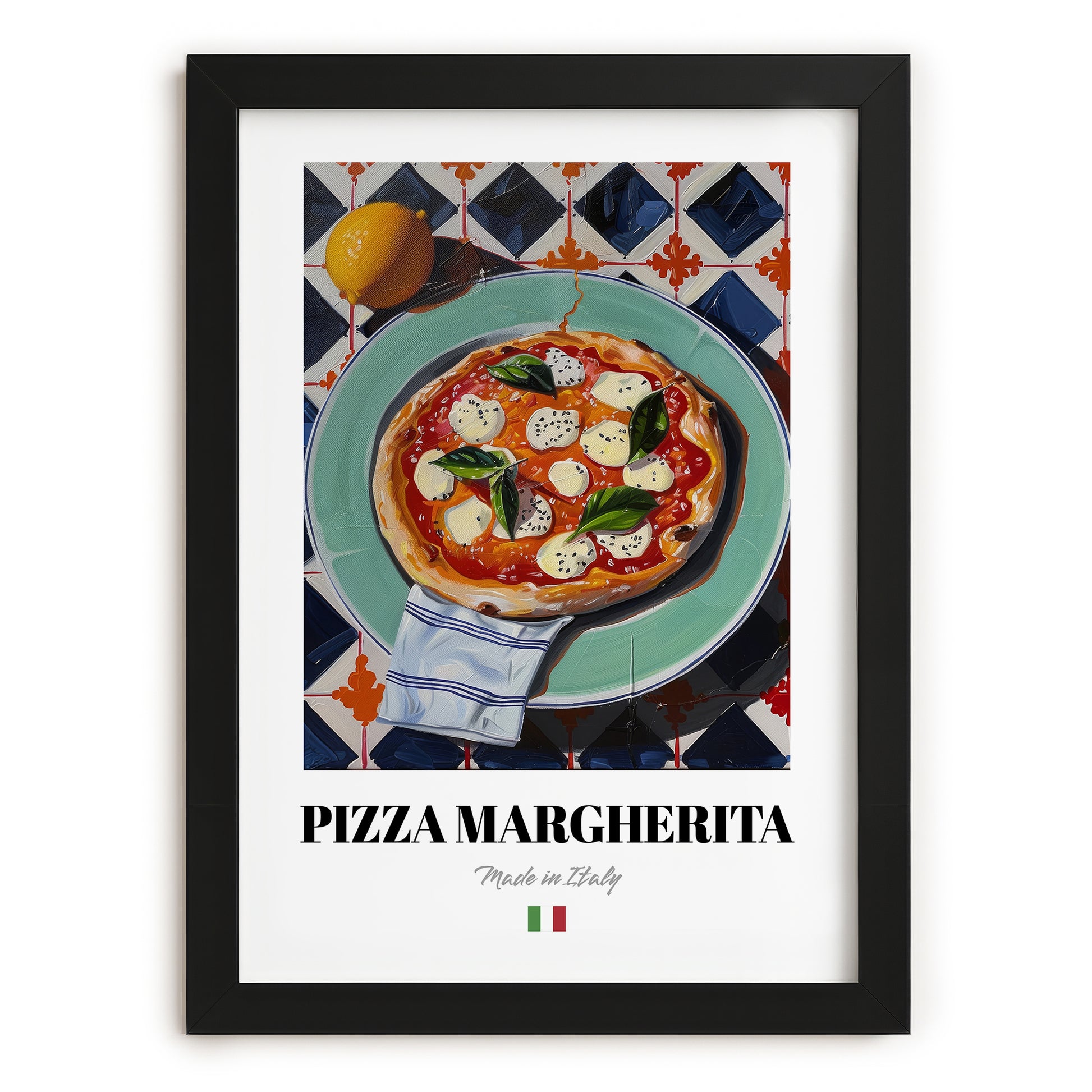 Pizza Margherita – Italian Pizza, Restaurant Painting, in sleek black frame