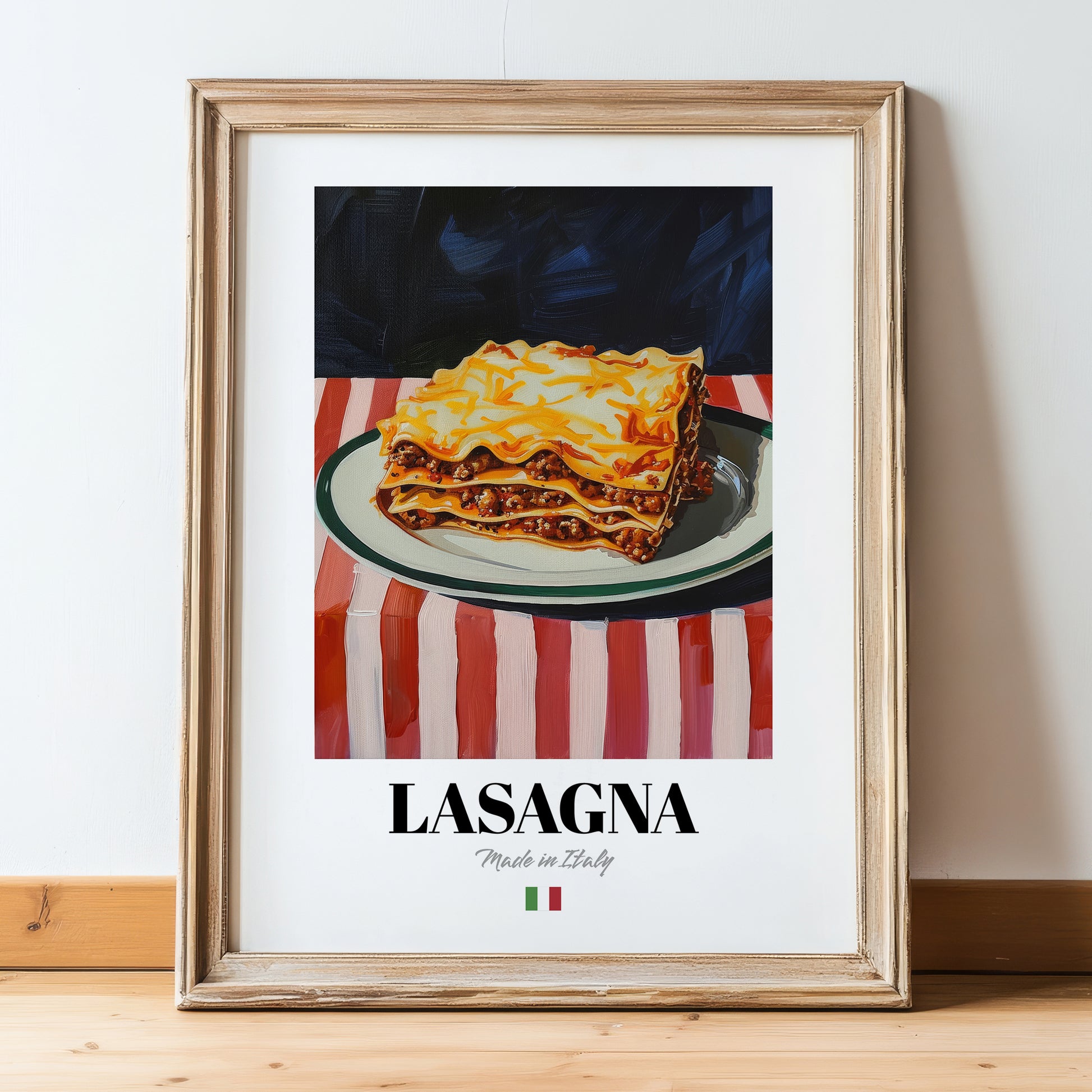 Lasagna – Italian Pasta, Osteria Poster, in wooden frame leaning on the floor