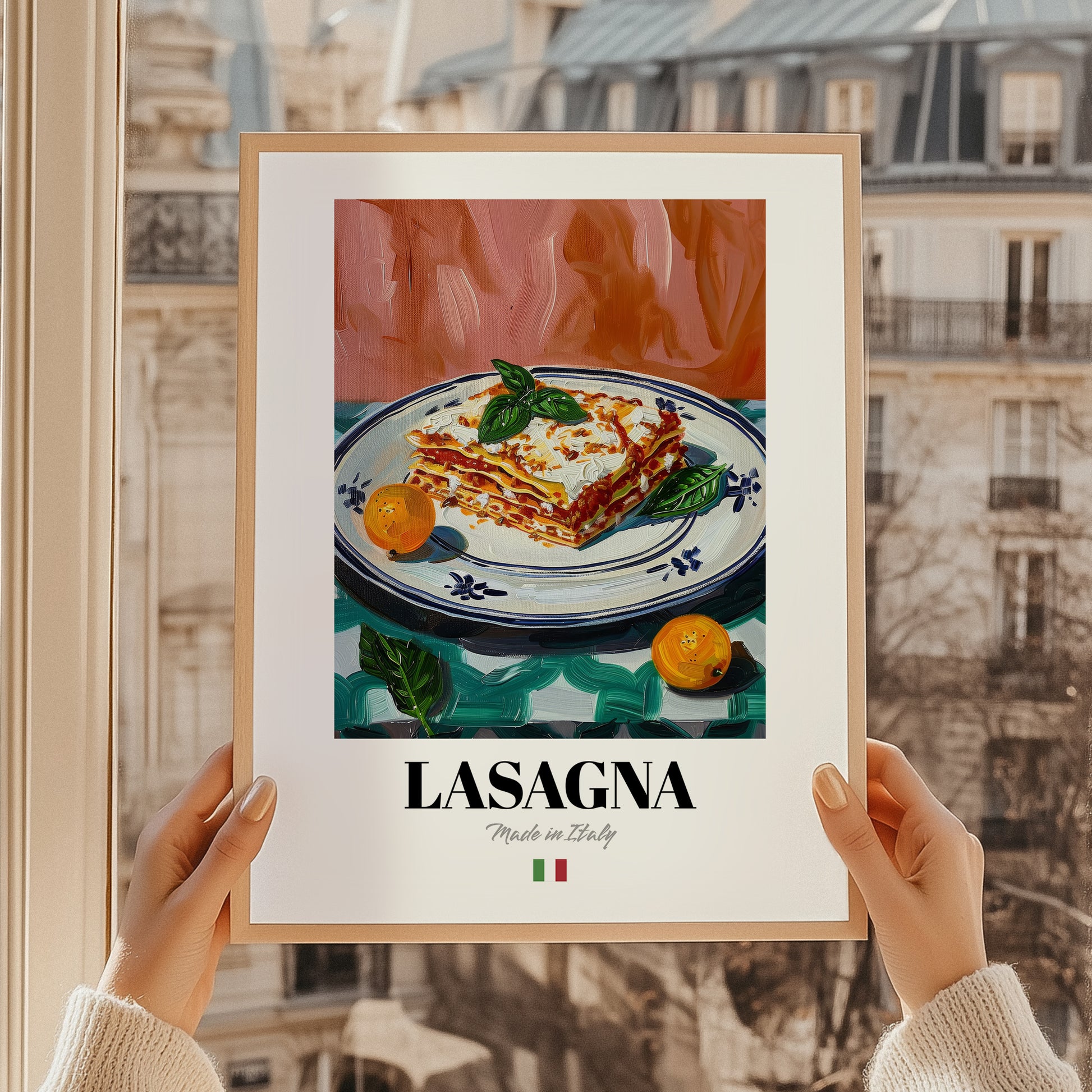 Lasagna – Italian Pasta, Trattoria Still Life, styled in a charming Paris street view