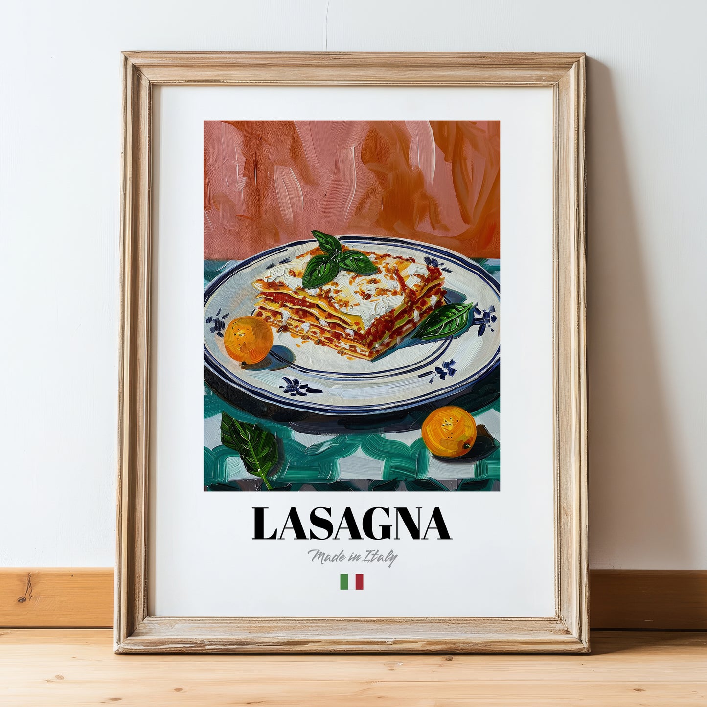 Lasagna – Italian Pasta, Trattoria Still Life, in wooden frame leaning on the floor