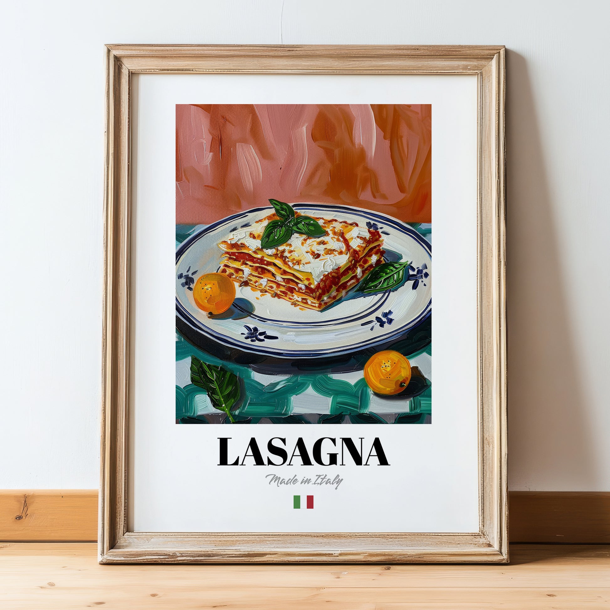 Lasagna – Italian Pasta, Trattoria Still Life, in wooden frame leaning on the floor